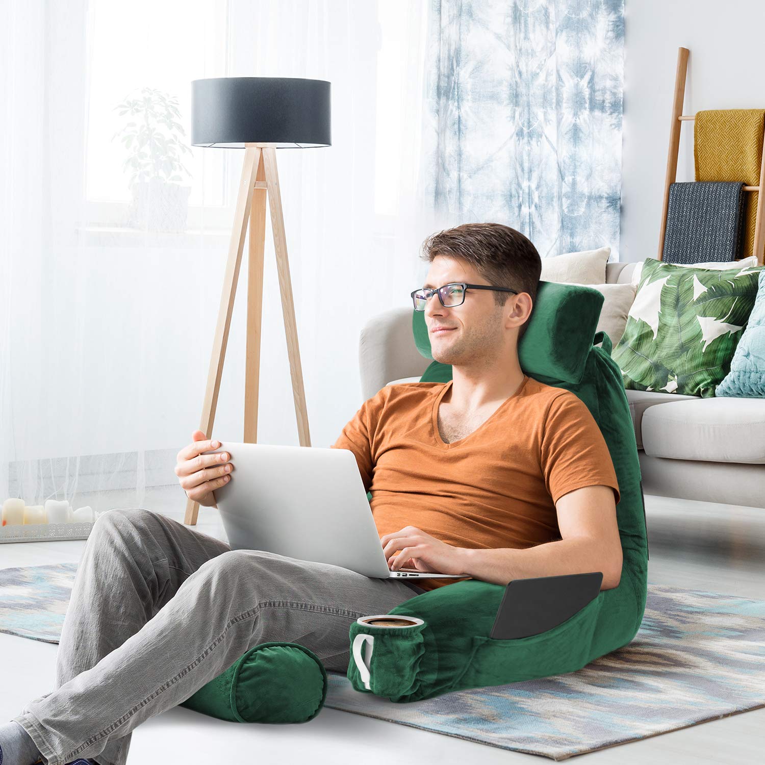 Nestl Reading Pillow Large Bed Pillow - Shredded Memory Foam Back Support for Sitting in Bed, Reading & Relaxing - Dark Green Chair Pillow with Pockets for Armrest & Storage | Perfect for Bedroom, Living Room & Home Office Comfort