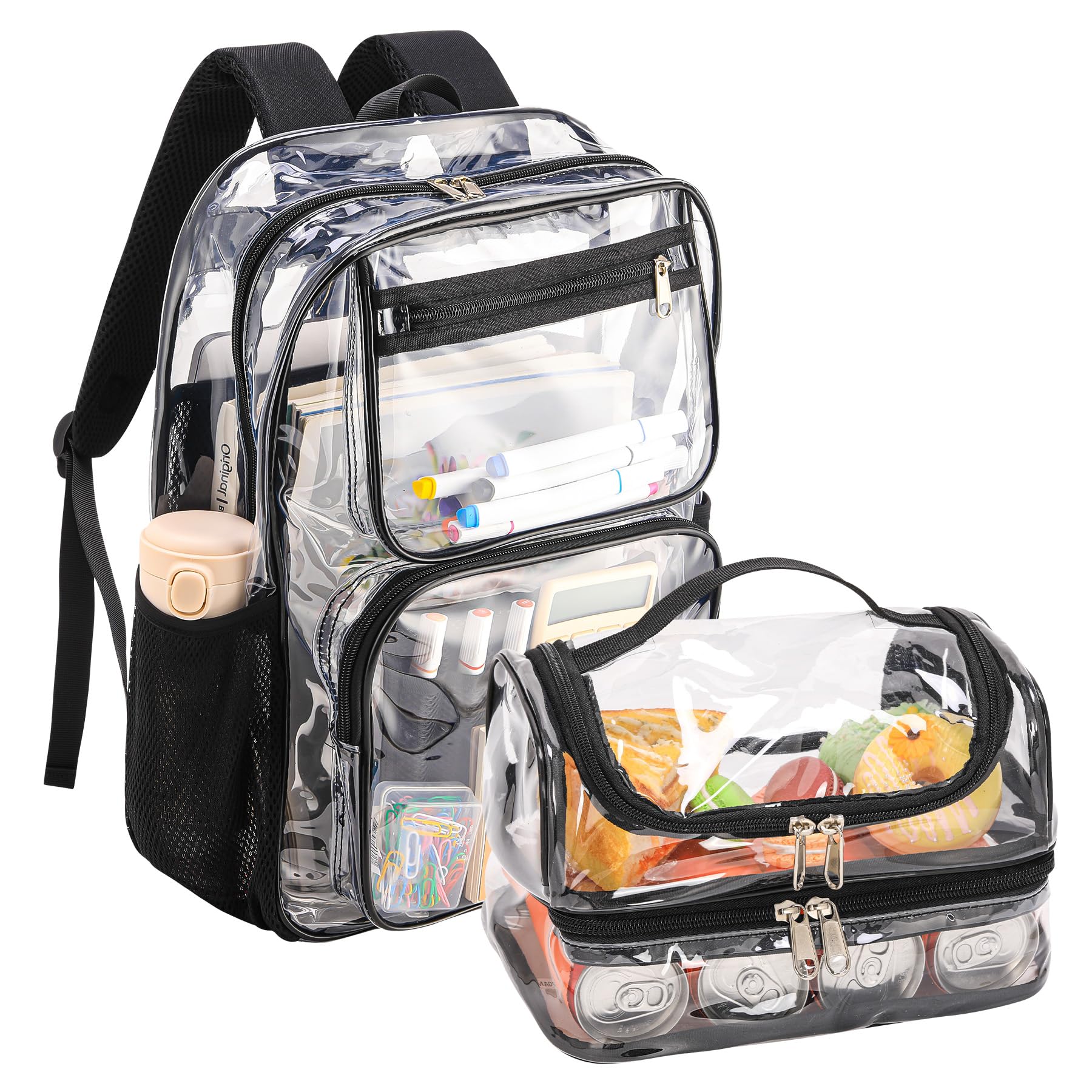 Clear Backpack and Double Lunch Bag Set for Kids - Stylish Black School Essentials for Daily Use & Travel