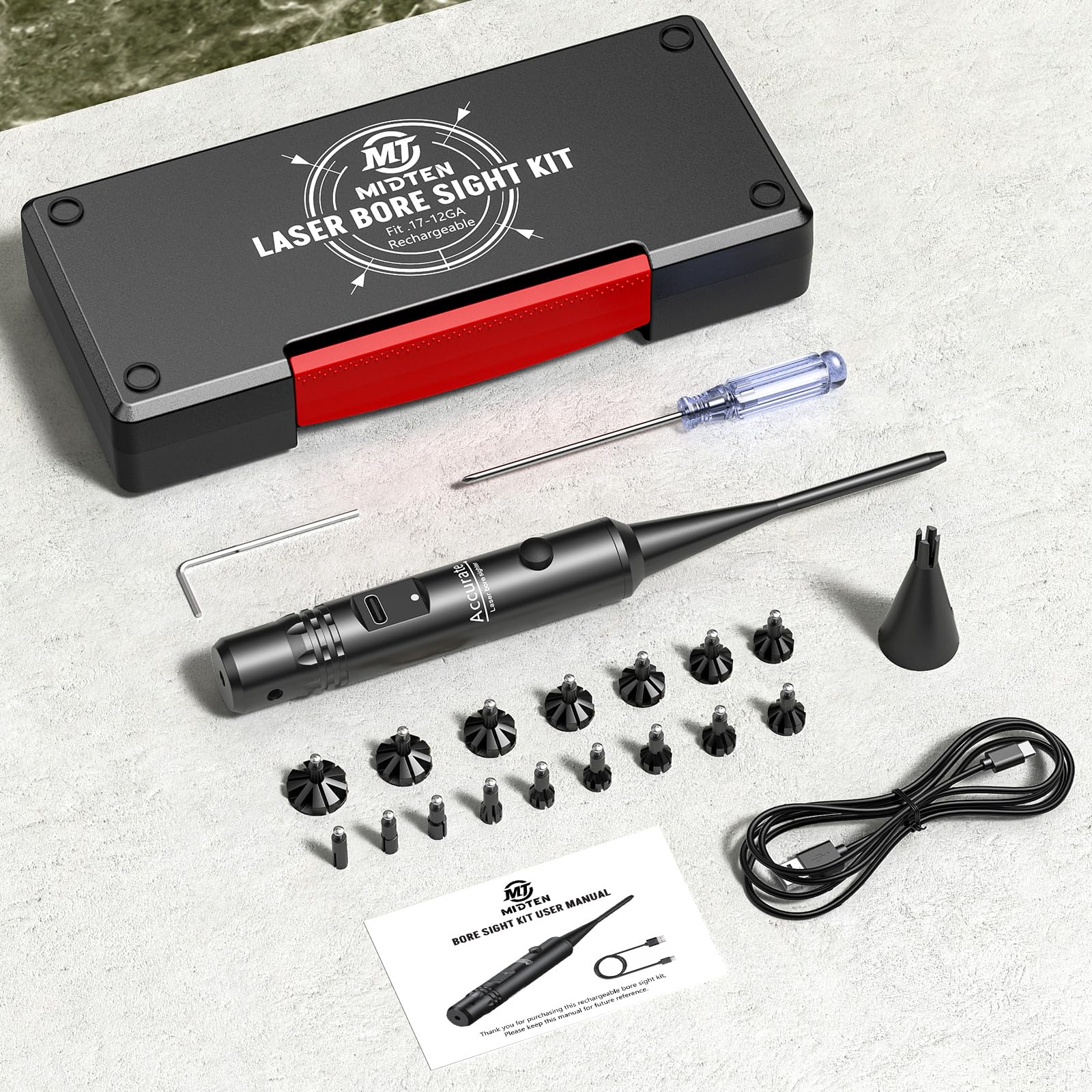 MidTen Rechargeable Red/Green Laser Boresighter Kit for .17-12GA - Professional Bore Sight Tool with Multiple Adapters, Rechargeable Battery & Button Switch - Perfect for Rifle, Shotgun & Handgun Sight Alignment at Home or Range