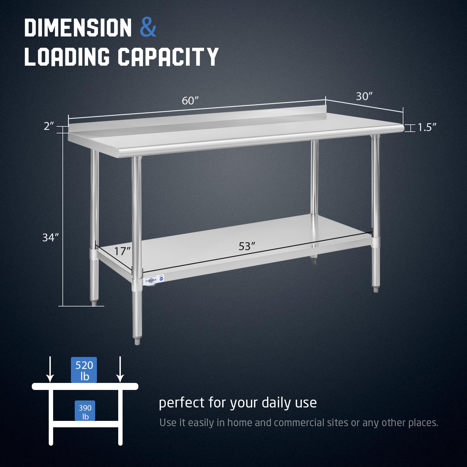 Professional NSF Certified 30x60 Inch Stainless Steel Prep Table with Backsplash & Undershelf - Heavy Duty Commercial Work Table for Restaurant Kitchen, Food Prep, Catering & Butcher Shop