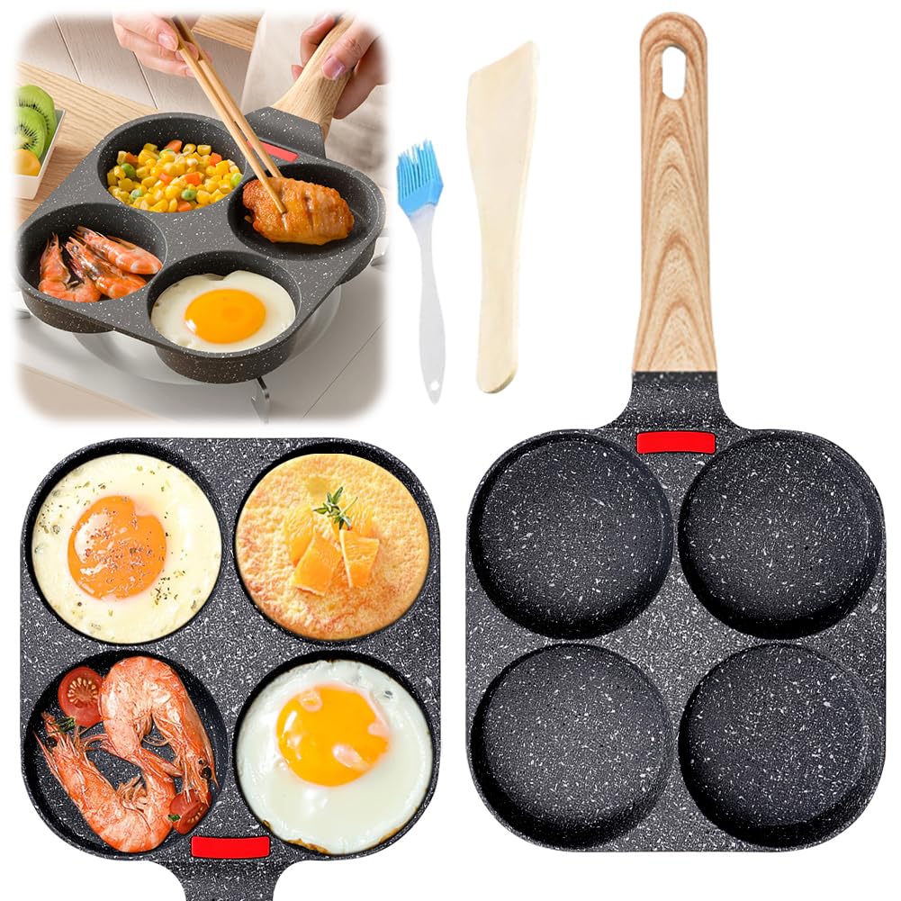 CEWROM Nonstick Pancake Pan with 4 Molds - Aluminum Frying Pan for Eggs, Burgers, Steaks & Omelets - Compatible with Gas & Induction Stoves - Perfect for Breakfast, BBQ, and Home Cooking