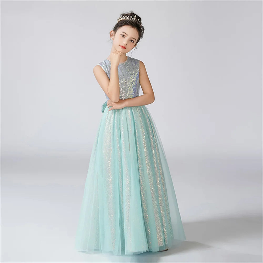 Shiny Flower Tulle O-Neck Sleeveless Flower Girl Dress for Birthday Parties, Weddings & Formal Events - Perfect for Pageants, First Communion & Special Occasions