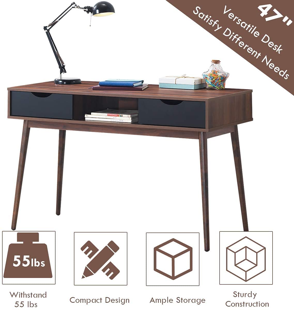 MIDDOW Computer Desk with Drawers - 55 Inch Large Wooden Laptop Workstation, Gaming Desk with Open Shelf, Study Writing Table for Home Office & Dorm Room - Perfect for Remote Work, Online Classes & PC Gaming Setup