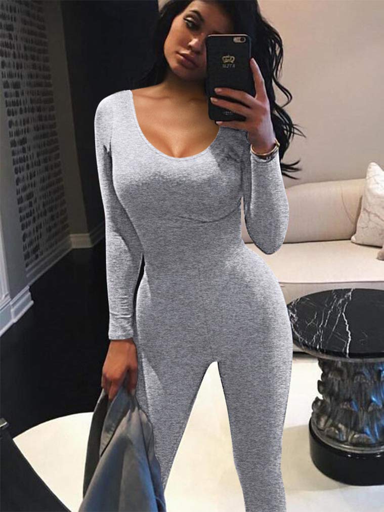 GOKATOSAU Women's Sexy Long Sleeve Bodycon Jumpsuit - Solid Color Clubwear & Party Outfit for Nightlife, Date Night, and Special Occasions