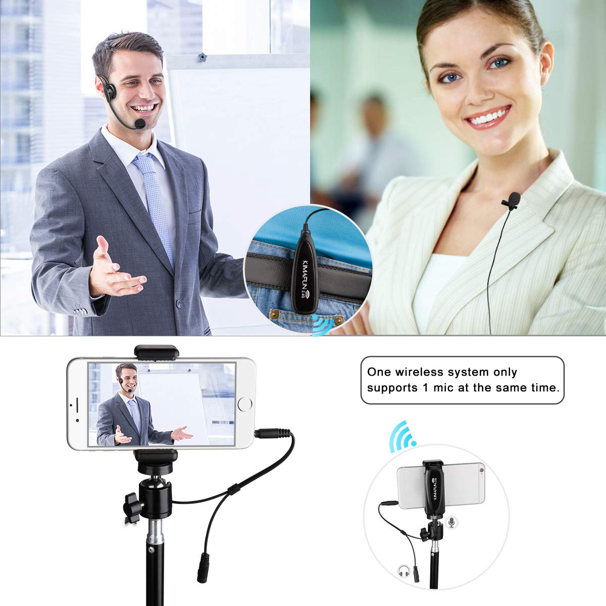 KIMAFUN 2.4G Wireless Microphone System - Dual Headset & Lavalier Lapel Mics for iPhone, Android, Laptop & Speaker | Perfect for Teaching, Recording, Vlogging, Broadcasting & Live Streaming (Model G102-3)