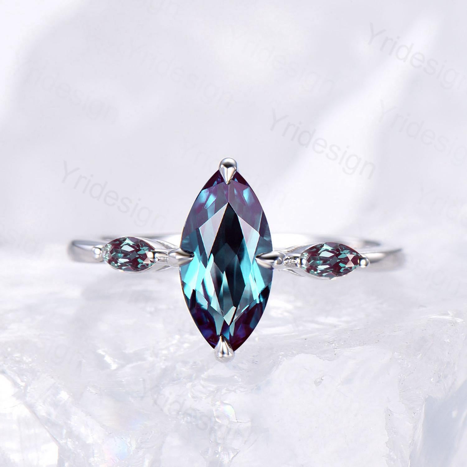 Elegant Marquise Cut Alexandrite Engagement Ring | Three Stone Minimalist Wedding Band for Women | Color Changing Gemstone | Anniversary & Proposal Jewelry Gift | Perfect for Bridal, Engagement & Special Occasions