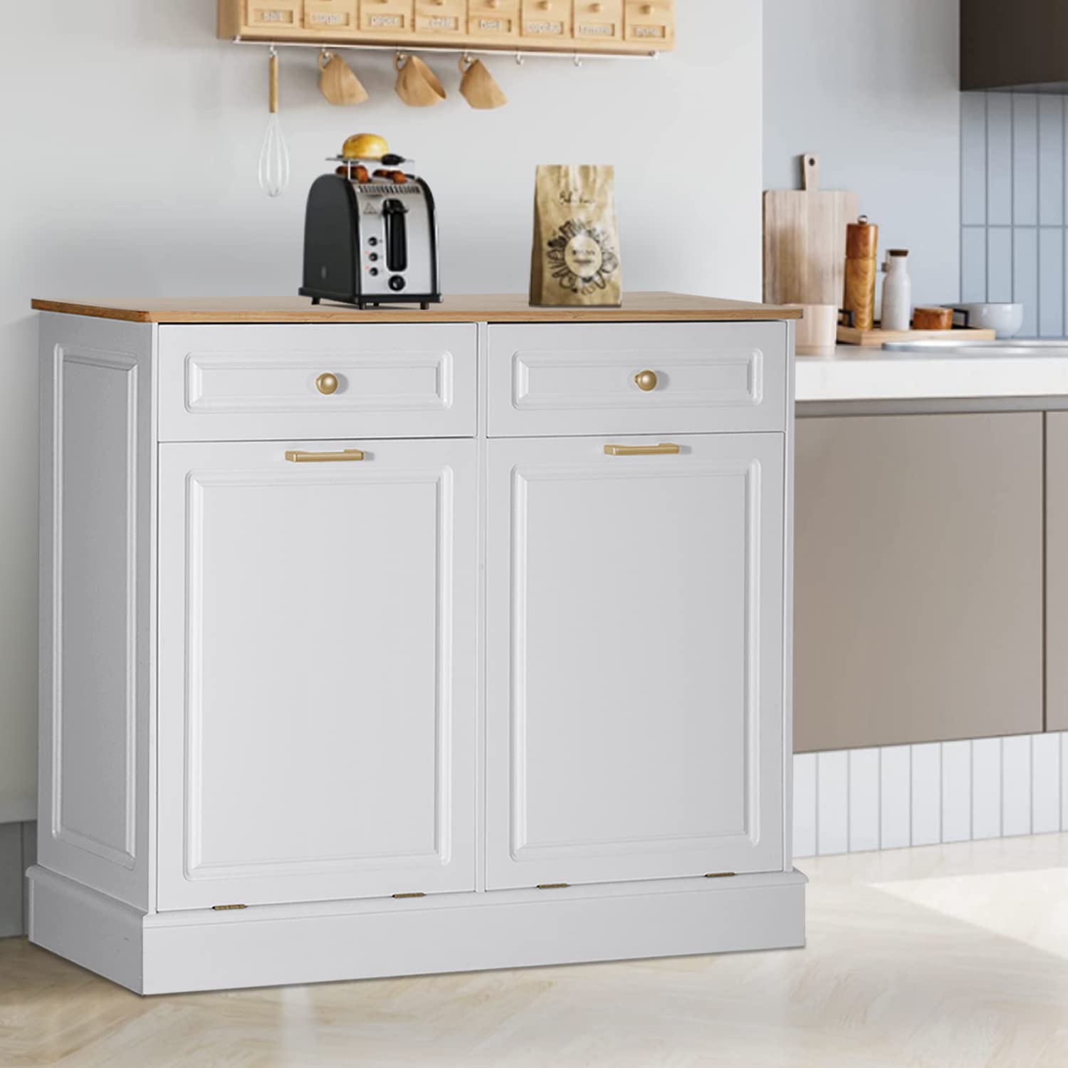 Anbuy Double Kitchen Trash Cabinet - Dual Tilt Out Design with 2 Wood Hideaway Holder Drawers, Freestanding Recycling Bin Organizer (Upgrade White) - Perfect for Small Kitchens, Pantries & Eco-Friendly Homes