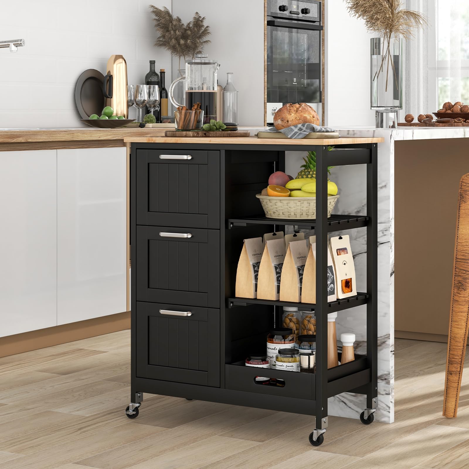 COSTWAY Kitchen Cart with Wheels, 3 Drawers & Shelves for Dining, Living Room & Bedroom Storage