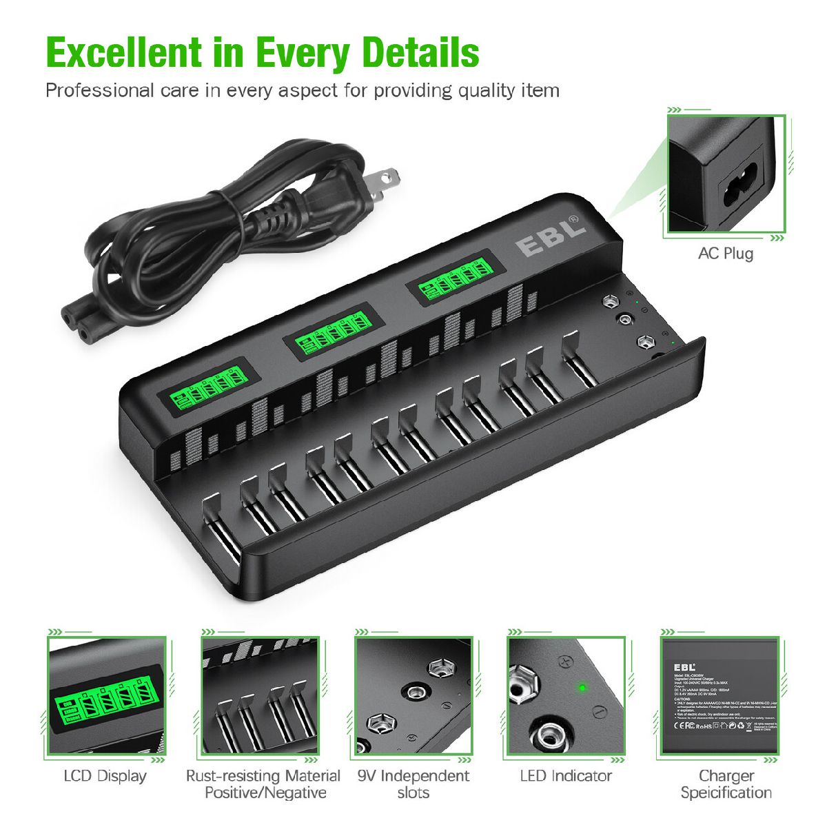 EBL 12+2 Bay Universal Battery Charger with 8 AA & 4 AAA 1.2V NiMH Rechargeable Batteries - Fast Charging for Cameras, Toys, Flashlights & Electronics