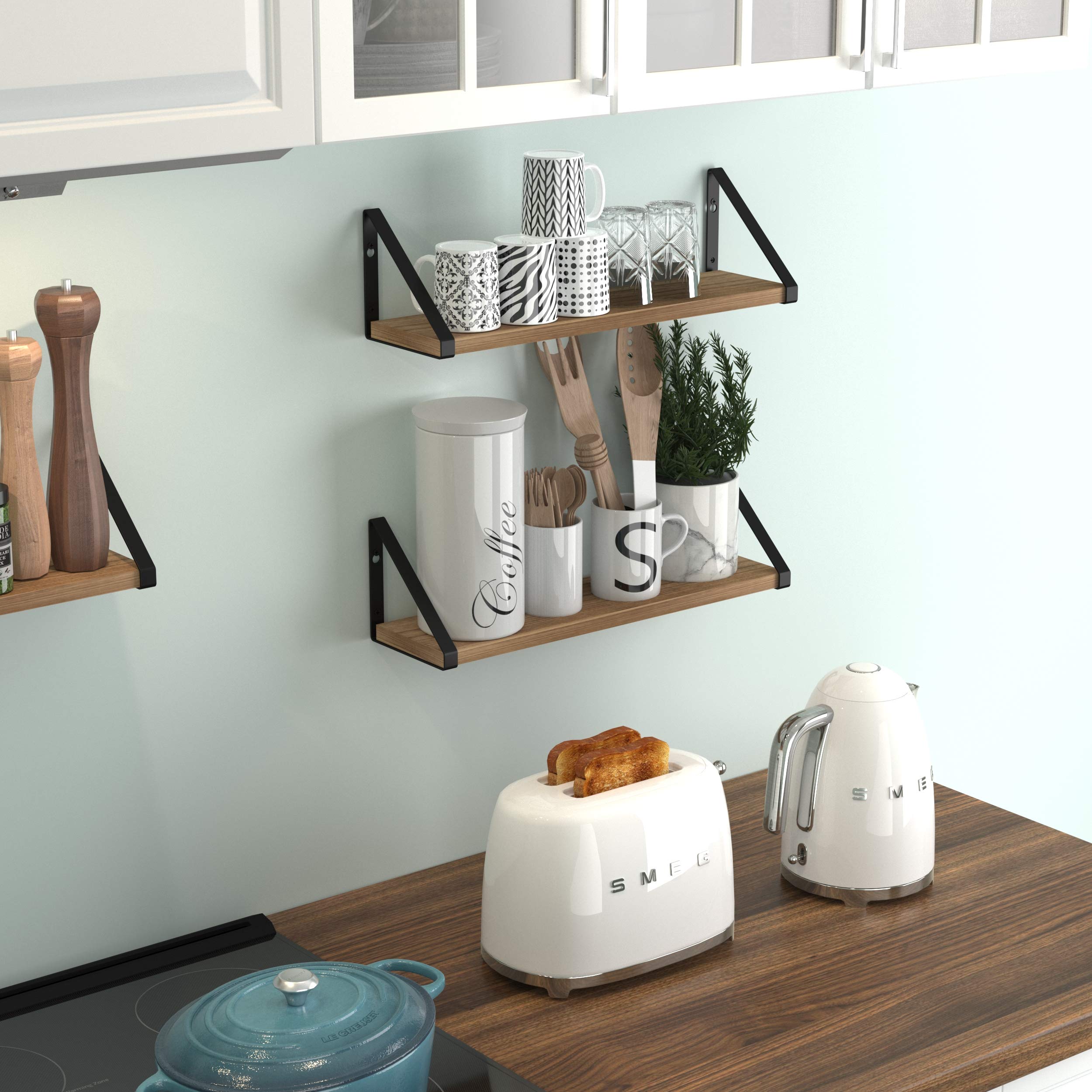 Wallniture Floating Shelves Set of 2 - Rustic Wood Wall Mount Shelves with Black Brackets for Bathroom, Bedroom, Kitchen & Laundry Room Storage | Perfect for Home Decor & Organization | Ideal for Displaying Plants, Books & Decorative Items