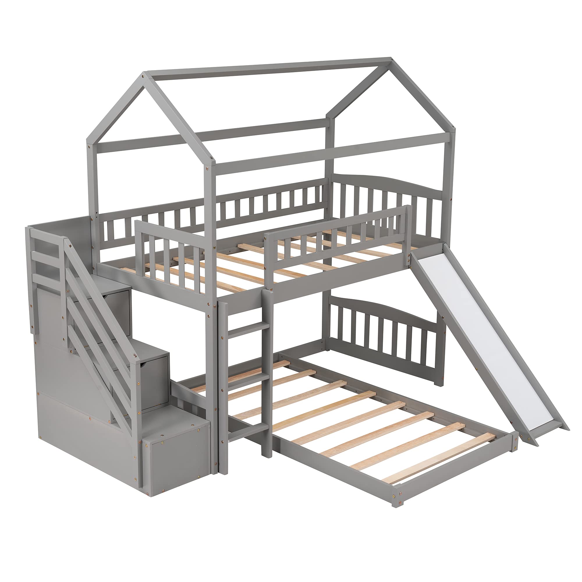 Solid Wood Twin Over Twin Bunk Bed with Slide - Kids House-Shaped Loft Bed Frame with 2 Drawer Stairs & Ladder for Boys/Girls/Teens - No Box Spring Needed (Gray) - Perfect for Small Bedrooms, Shared Kids Rooms & Play Areas