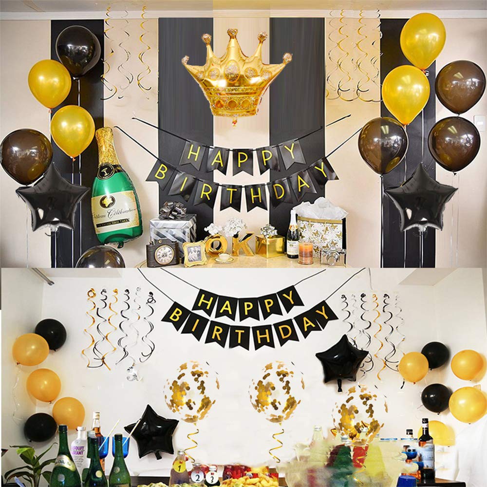 Happy Birthday Party Decorations Kit - Gold & Black Latex Balloons, Birthday Banner, Crown Balloon - Perfect for Birthday Parties, Baby Showers & Celebrations