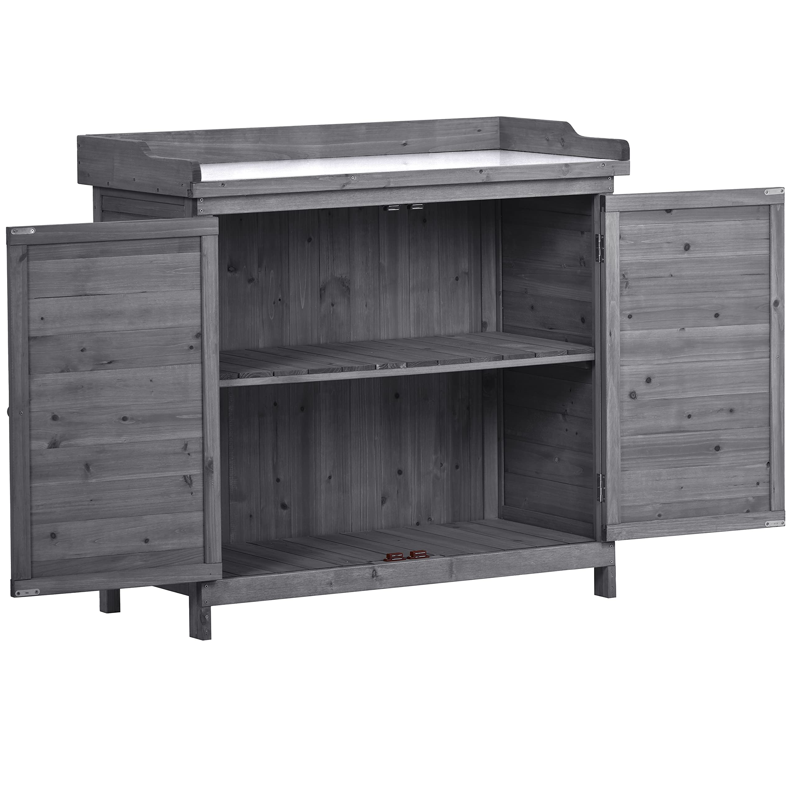 Outdoor Potting Bench with Storage - Weatherproof Garden Work Table with Double Doors, 2-Tier Shelves & Side Hooks - Perfect for Patio, Backyard, Porch Gardening & DIY Projects (Grey)