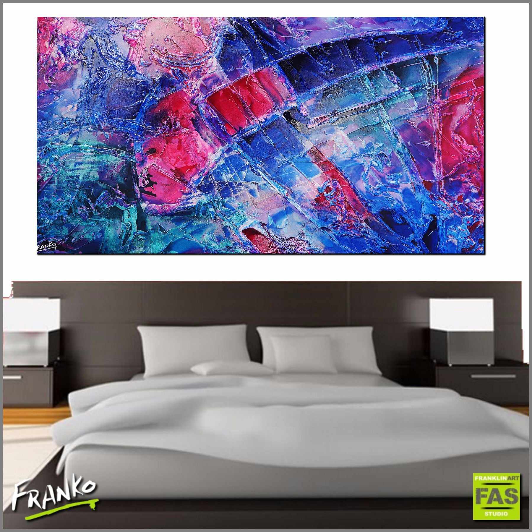 Infused Ink Romance - 190cm x 100cm Blue Pink Purple Abstract Canvas Art Painting - Modern Home Decor for Living Room, Bedroom & Office Wall