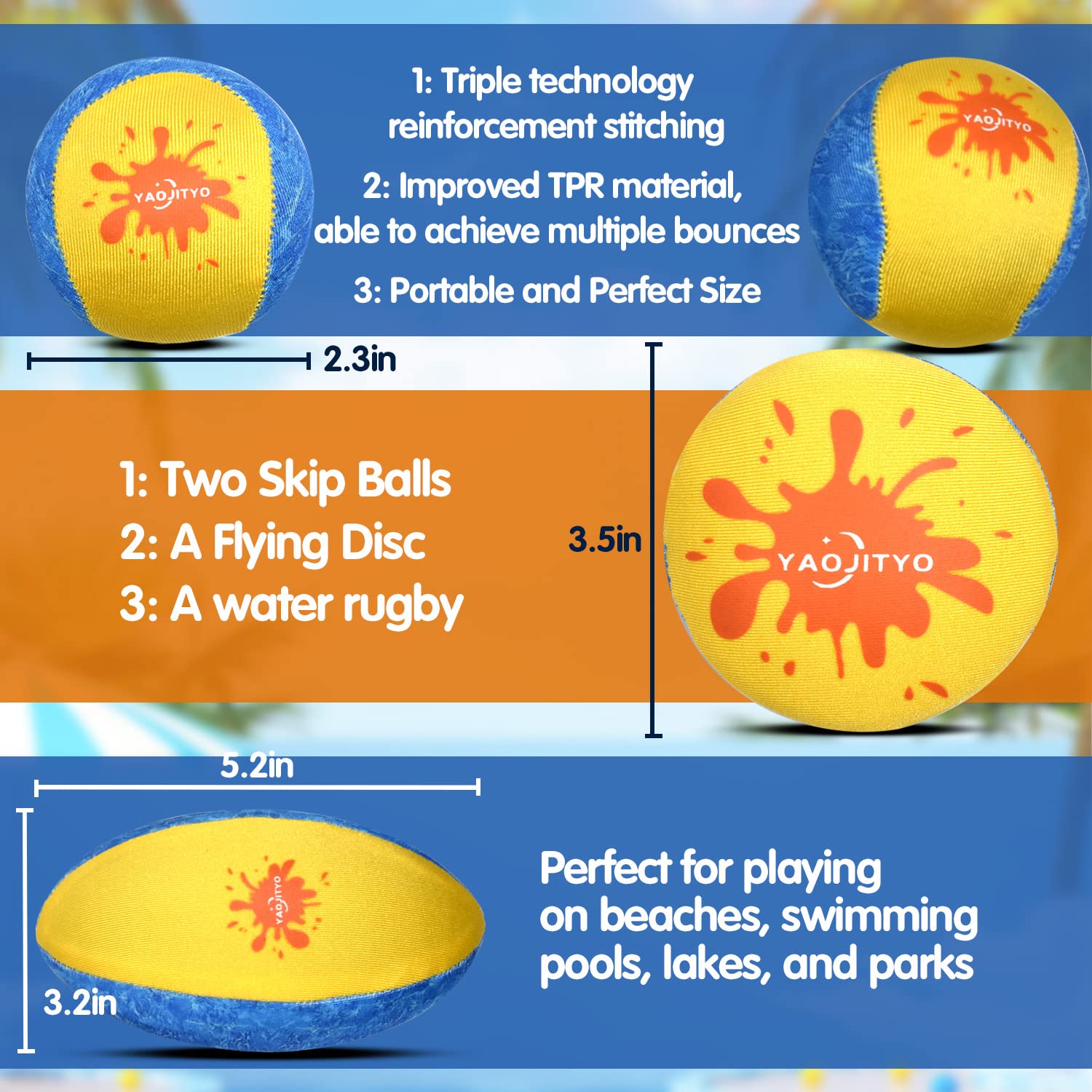 4 Pack Water Skip Balls - Soft & Durable TPR Material Beach Toys for Swimming Pools, Lakes & Ocean - Fun Outdoor Water Games for Kids & Adults - Perfect for Pool Parties, Beach Vacations & Summer Activities