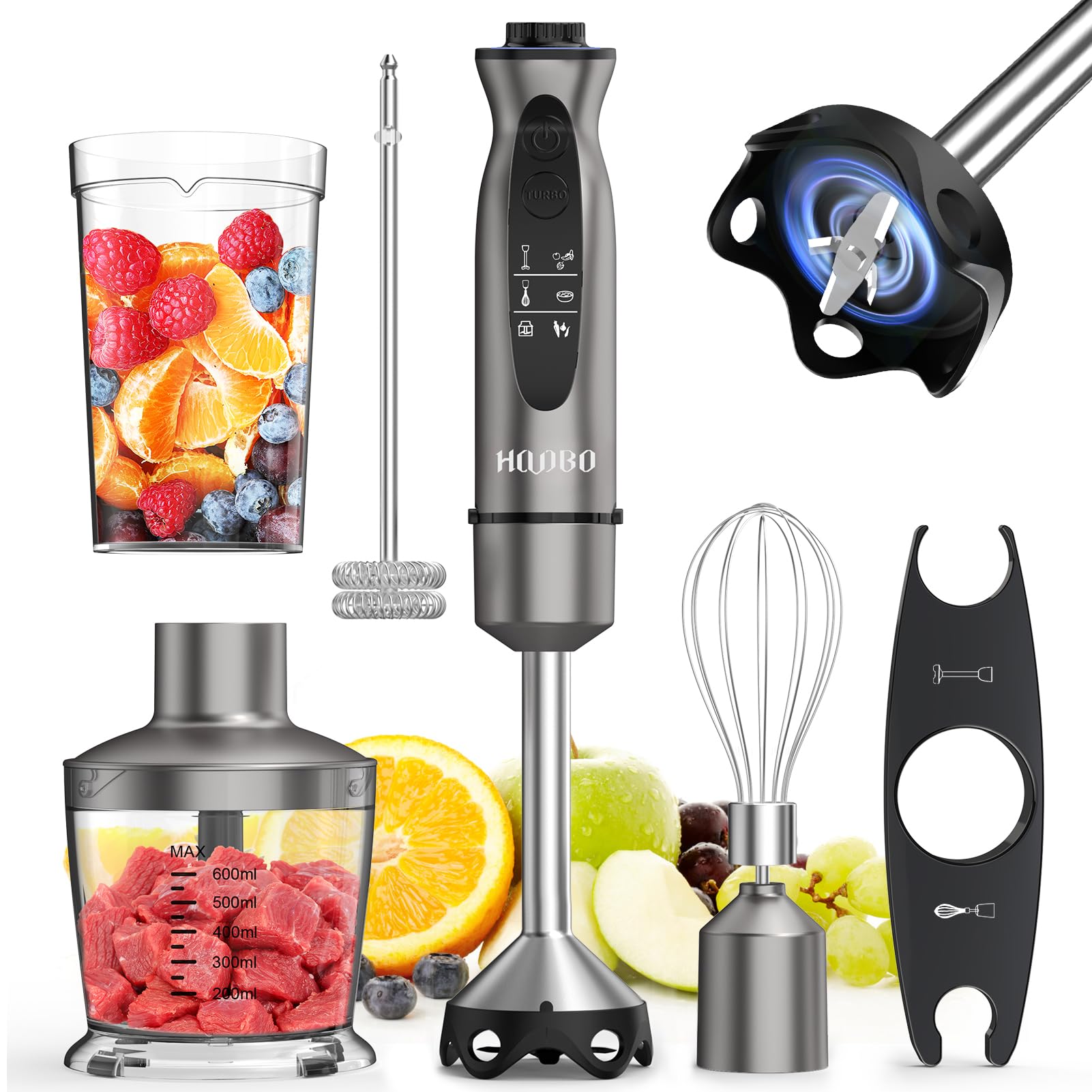 **1000W Powerful Immersion Blender Handheld - Variable Speed & Turbo Mode, Low-Noise, Scratch-Resistant - Includes Beaker, Chopper & Whisk - Perfect for Smoothies, Soups, Sauces & Milk Frothing**