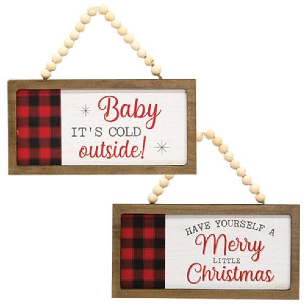 Merry & Bright Buffalo Check Beaded Sign Ornament Set of 2 - Christmas Tree Decor, Holiday Home Decoration, Winter Party Decor for Fireplace Mantel & Gift Wrapping