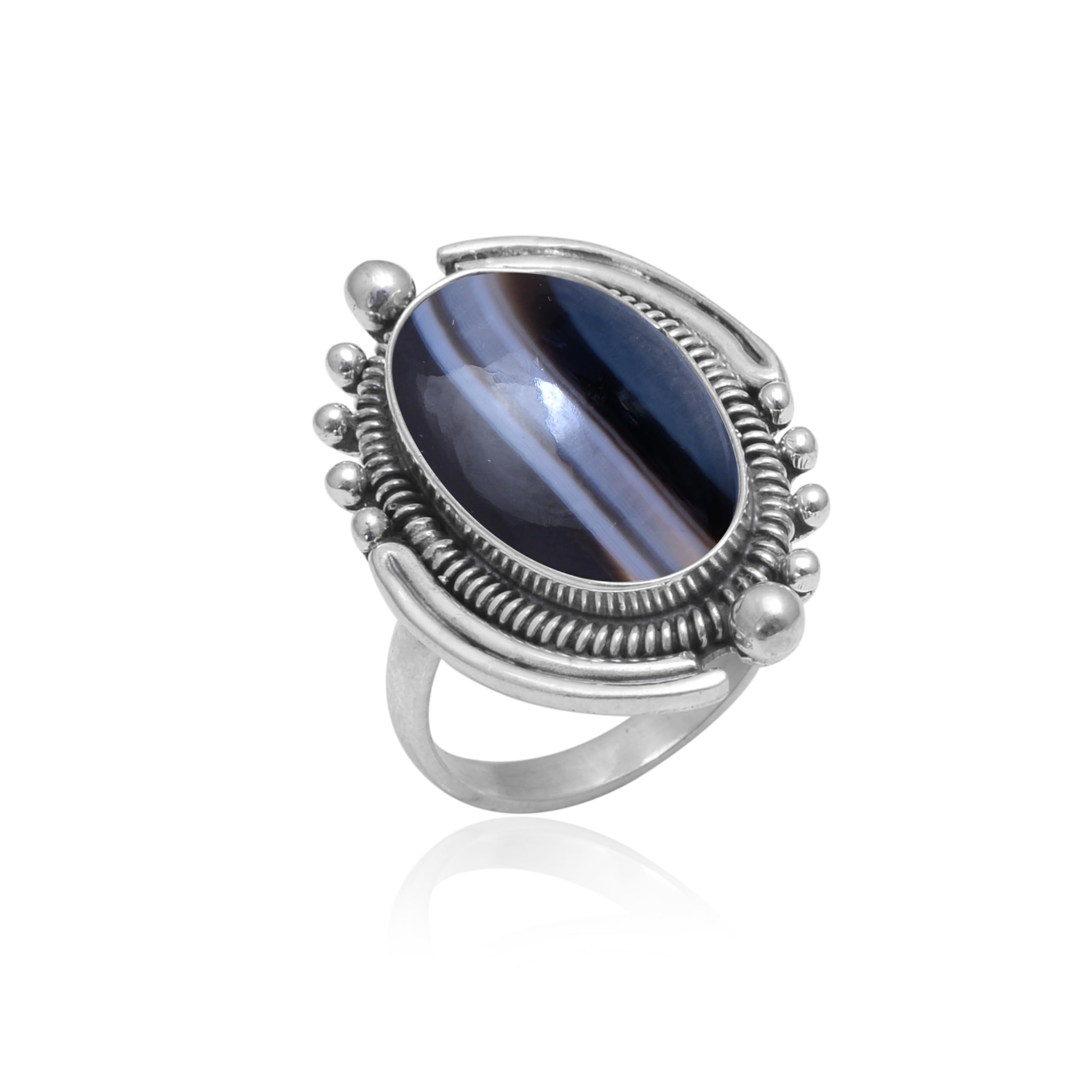 Veracity Jewelry 925 Sterling Silver Black Banded Agate Rings for Women - Natural Black White Gemstone Healing Meditation Jewelry - Handmade Spiritual Jewelry Gift for Yoga, Reiki & Energy Healing - VSR-523