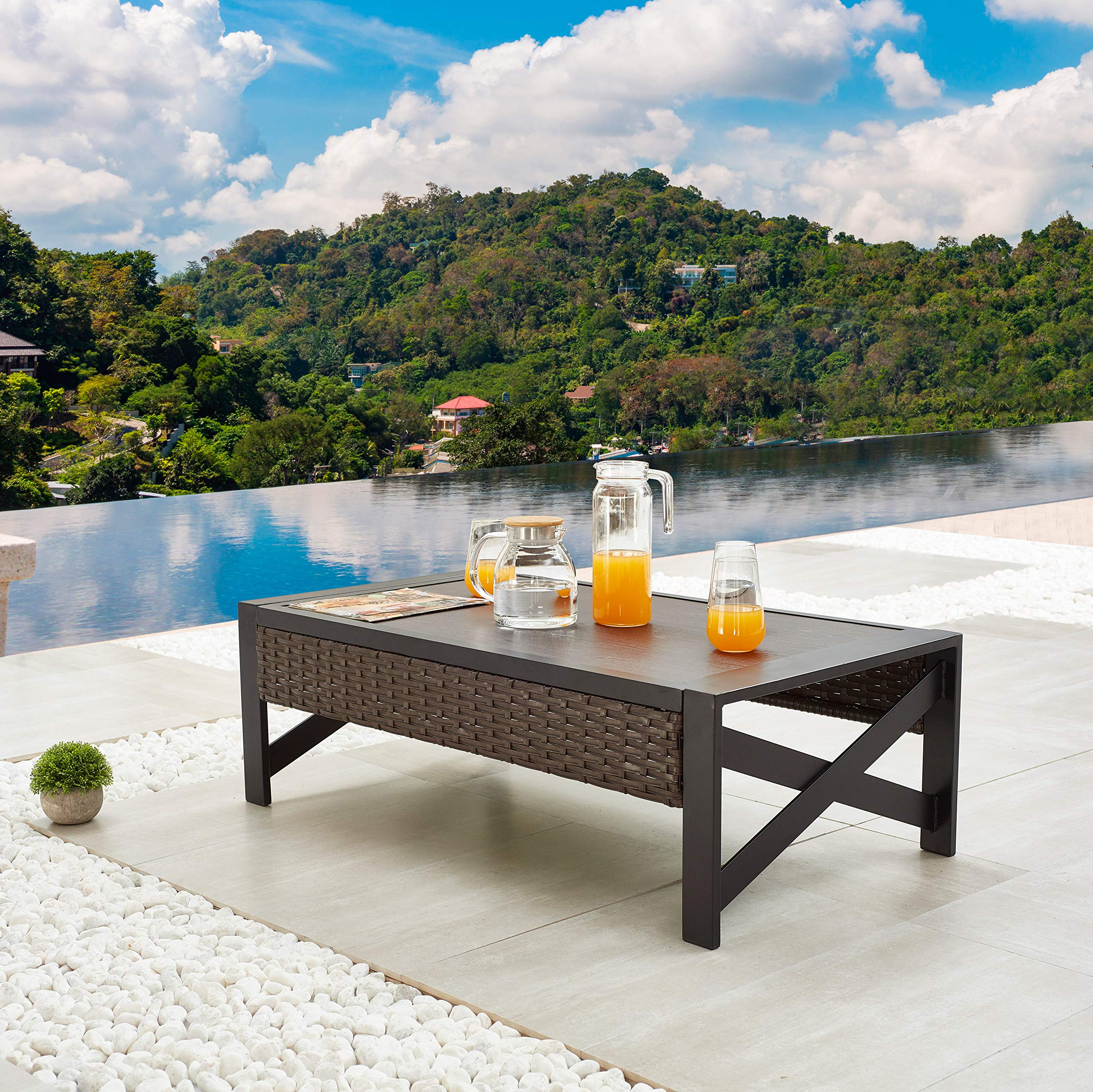 Outdoor Wicker Side Table - PE Rattan Square Coffee Table with Metal Frame for Patio, Garden, Porch, Poolside & Balcony - Perfect for Tea Time, Outdoor Dining & Relaxation (Brown)