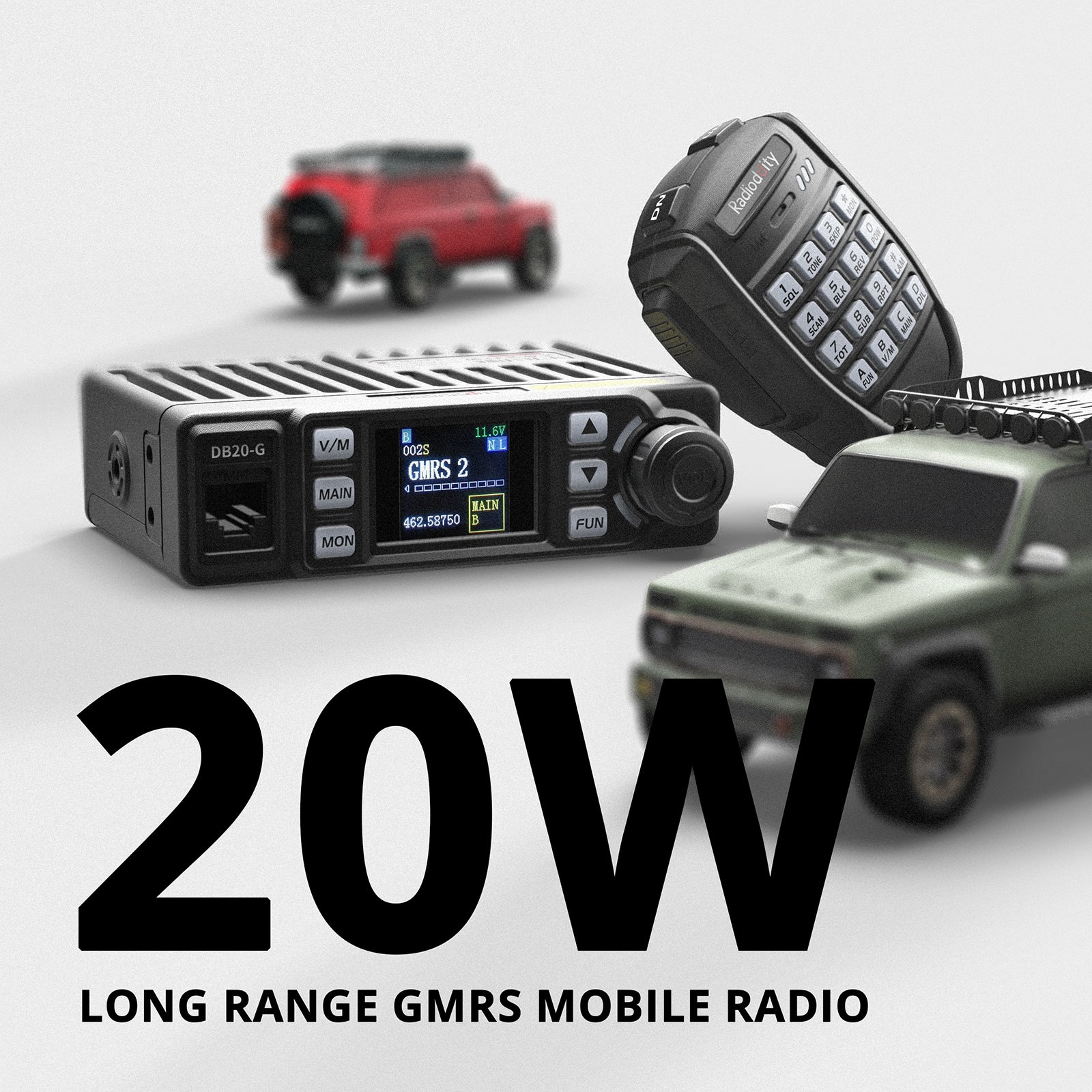 Radioddity DB20-G GMRS Mobile Radio - 20W High Power, 500 Channels, UHF/VHF Scanner, Repeater Capable with Sync Function - Perfect for Off-Roading, Camping & Emergency Communication