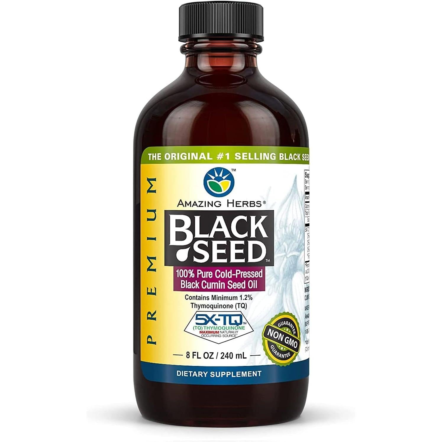 Amazing Herbs Premium Black Seed Oil - Cold Pressed, 100% Pure, Organic Nigella Sativa Oil for Immune Support, Skin & Hair Care - Perfect for Daily Wellness & Natural Remedies