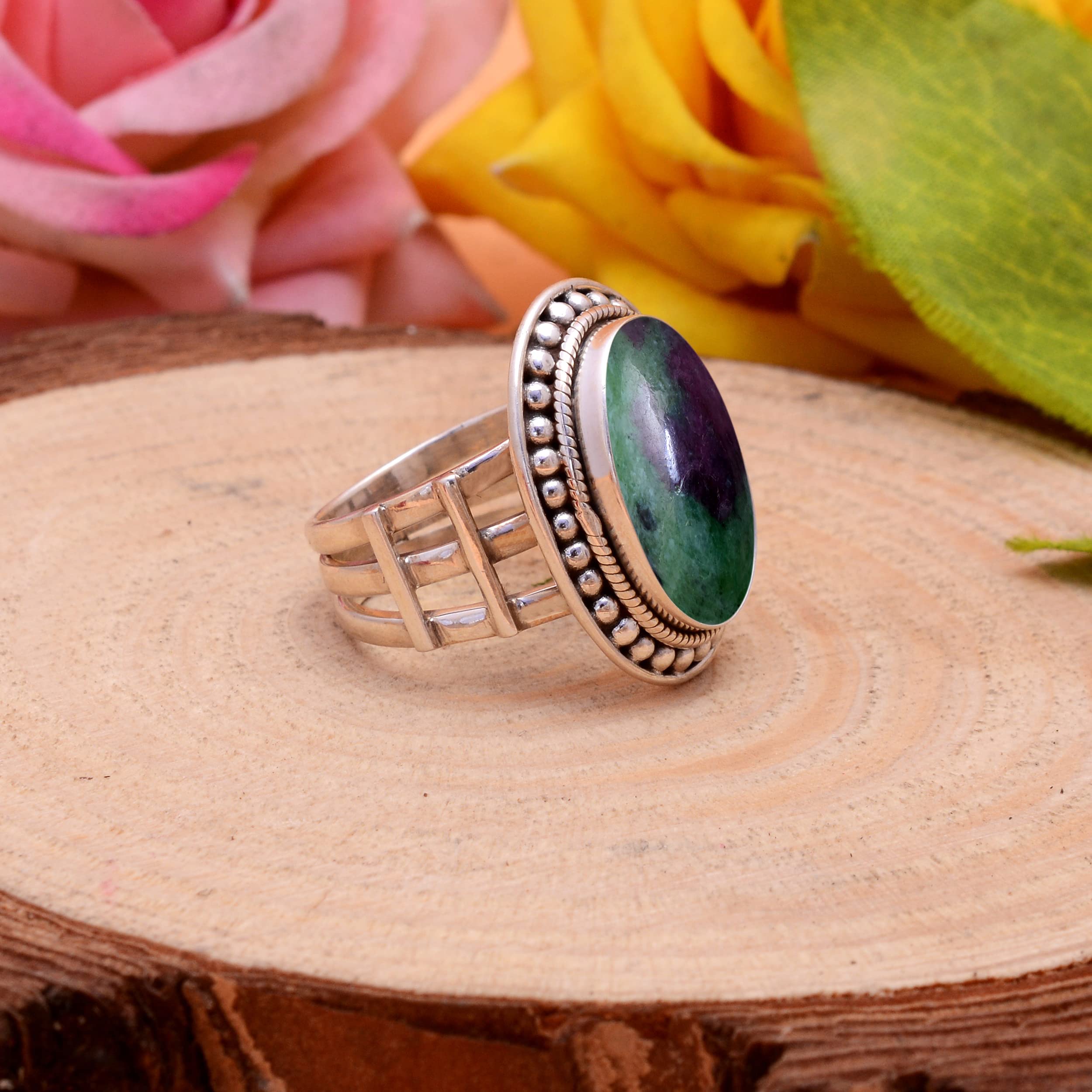 Ruby Zoisite Ring for Women - 925 Sterling Silver Bohemian Jewelry with Green & Red Gemstone - Handmade Trendy Unisex Ring - Perfect for Boho Fashion, Gifts & Everyday Wear - VSR-30