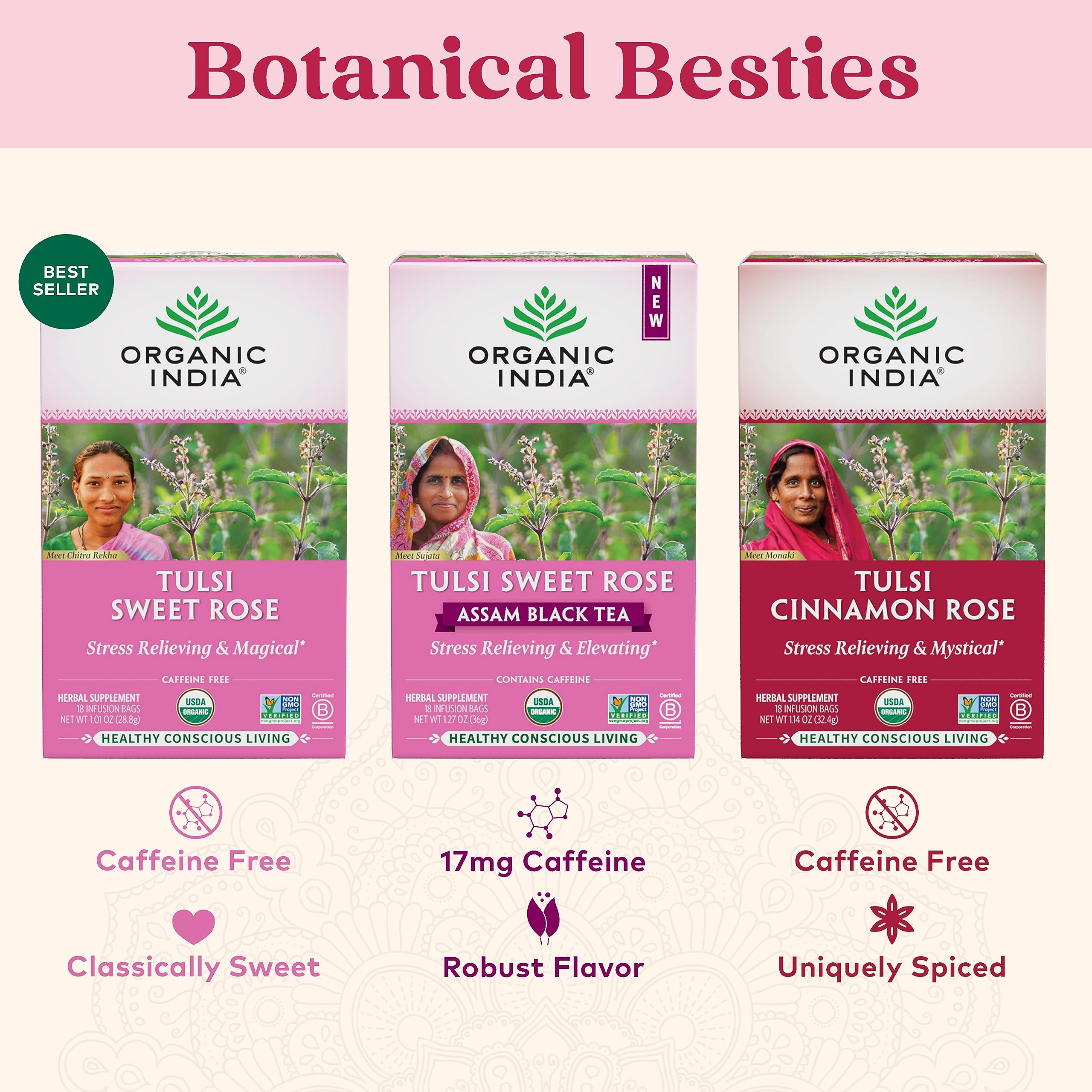 ORGANIC INDIA Tulsi Cinnamon Rose Herbal Tea Bags - Caffeine Free Holy Basil Tea with Chamomile & Rose - 18 Infusion Bags (3 Pack) - Perfect for Relaxation, Stress Relief & Evening Tea Time