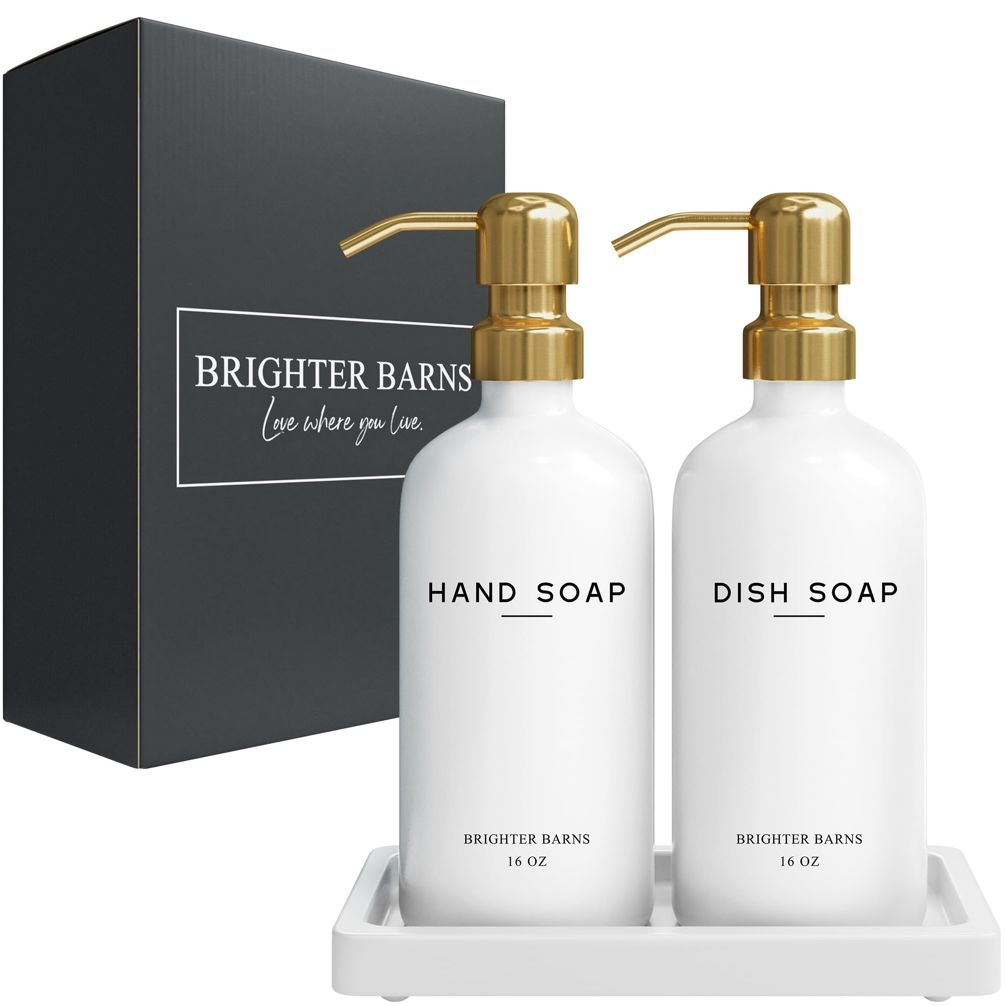 Luxury Glass Hand and Dish Soap Dispenser Set - White and Gold Kitchen Soap Dispenser with Tray | Elegant Sink Organizer for Bathroom & Kitchen Decor | Perfect for Modern Farmhouse, Apartment, and Restaurant Use