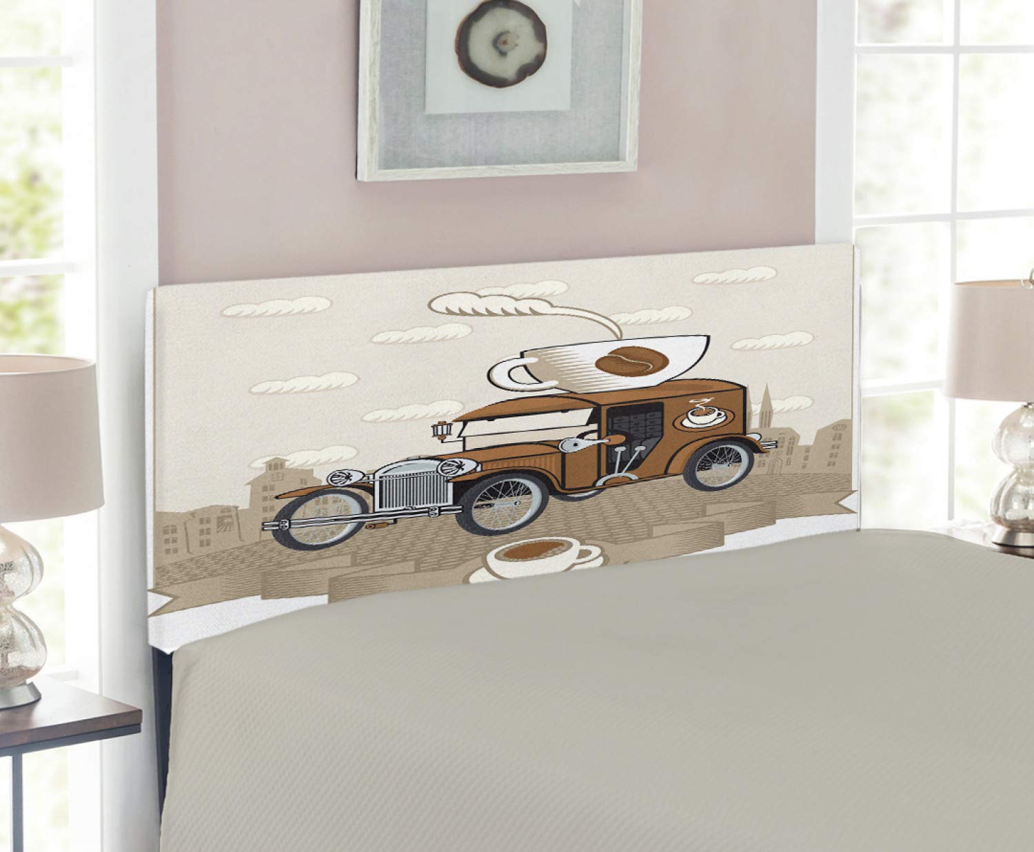 Ambesonne Vintage Car Headboard - Twin Size Upholstered Decorative Metal Bed Headboard with Memory Foam | Old Fashioned Car & Coffee Cup Design in Caramel Cocoa White | Perfect for Car Lovers' Bedroom Decor & Coffee Enthusiasts