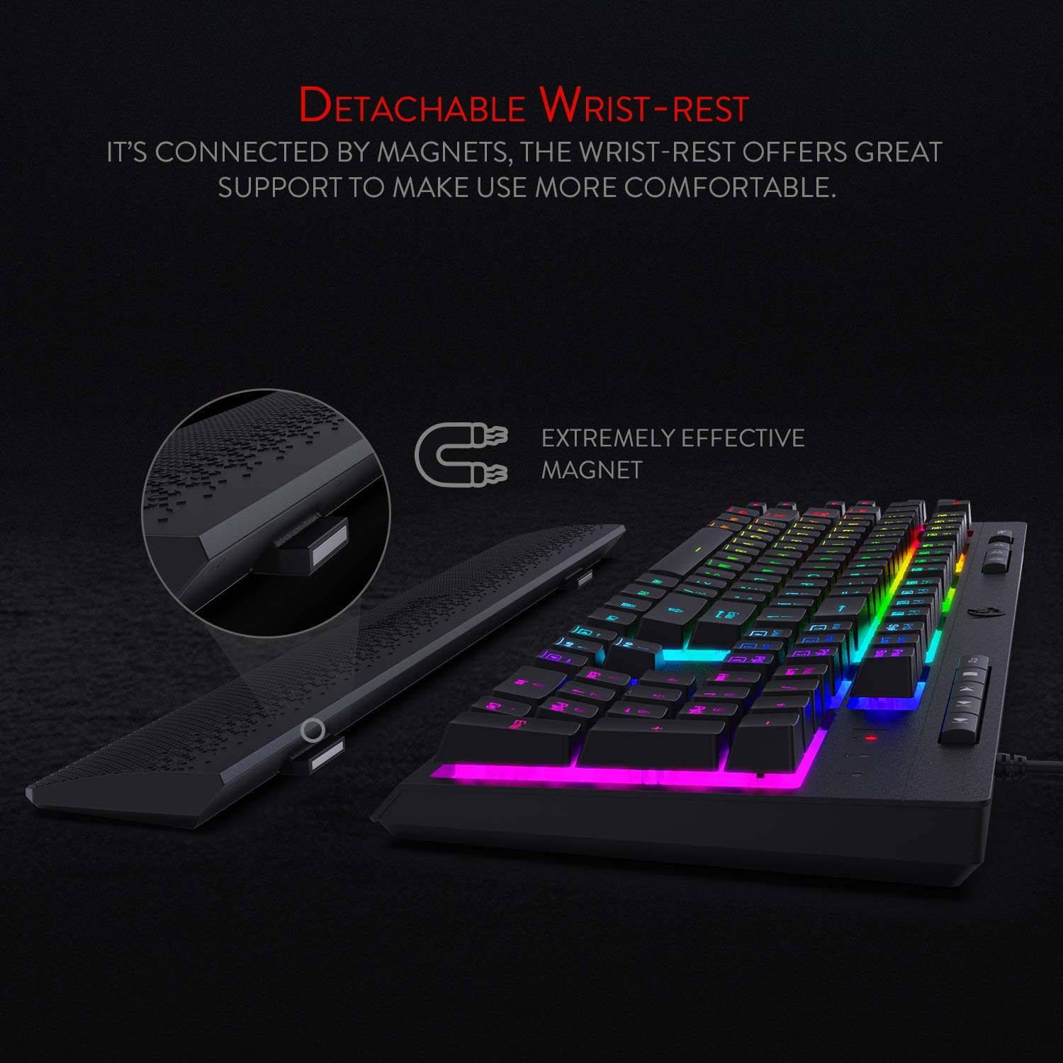 Redragon K512 Shiva RGB Backlit Membrane Gaming Keyboard - Quiet Mechanical Feel, 6 On-Board Macro Keys, Dedicated Media Controls, Detachable Wrist Rest | Perfect for PC Gaming, Office Work & Typing | Black