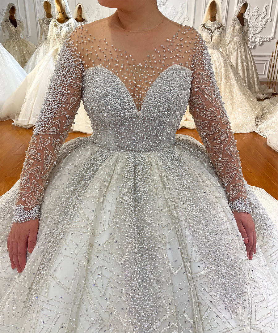 Elegant Pearl Embellished Ball Gown Wedding Dress - Custom Sizes & Handmade Details | Perfect for Bridal, Formal Events & Special Occasions