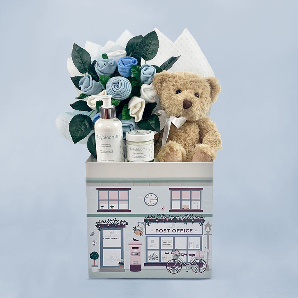 Bertie Bear Welcome Baby Hamper Gift Set - Soft Blue Baby Shower Gift Basket with Plush Bear, Blanket & Essentials | Perfect for Newborn Gifts, Baby Showers & Hospital Welcome Gifts