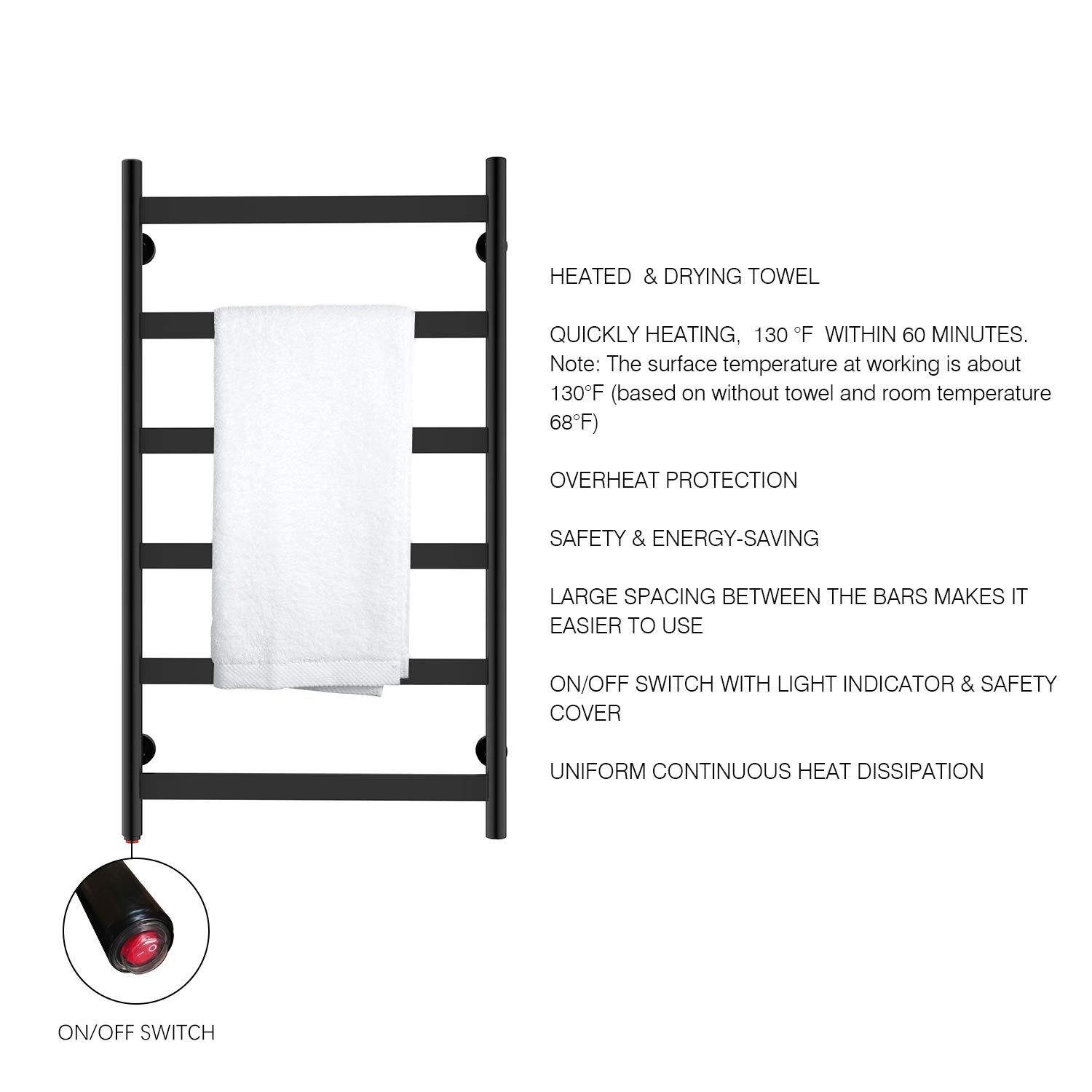 HEATGENE 6-Bar Wall-Mounted Electric Towel Warmer & Dryer - Matte Black - Fast Heating Bathroom Heater for Spa, Luxury Hotels & Home Use