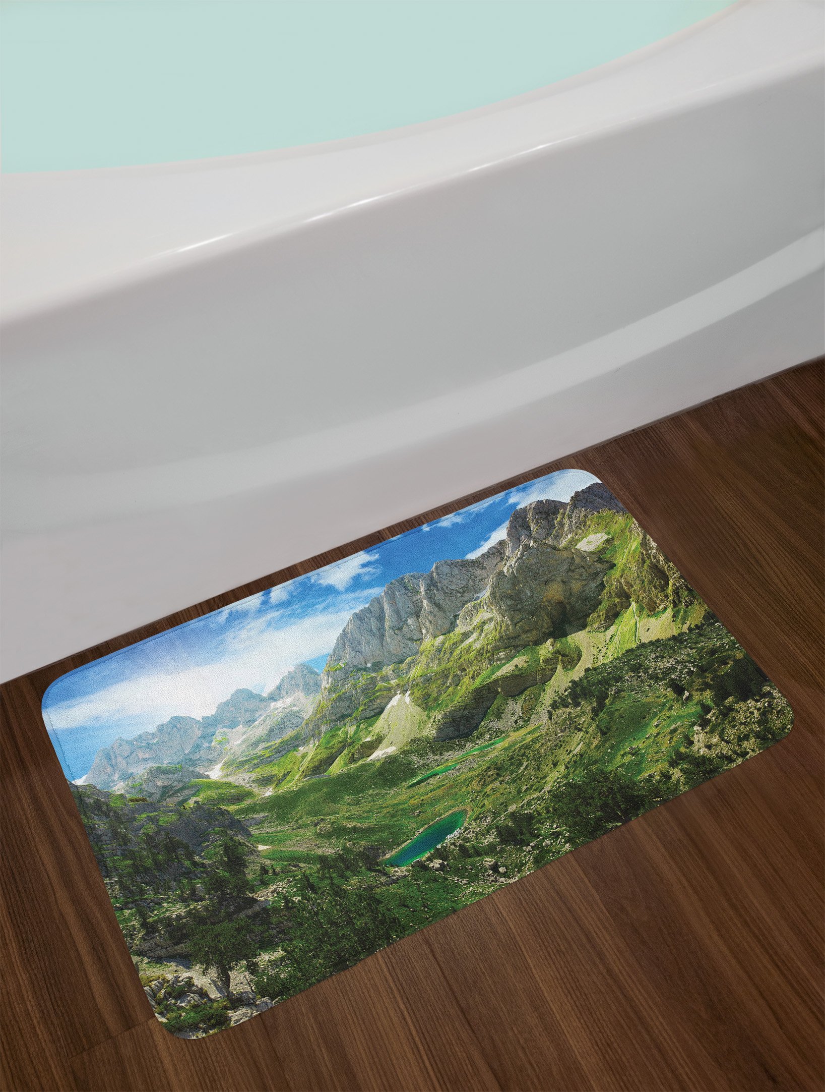 Lunarable Plush Non-Slip Bath Mat - Albanian Alps Mountain Lakes Scenic Design, 30.2x20 Inch Soft Bathroom Rug for Home Decor (Green/Blue/White) - Perfect for Spa, Guest Bathroom & Nature-Inspired Interior Design