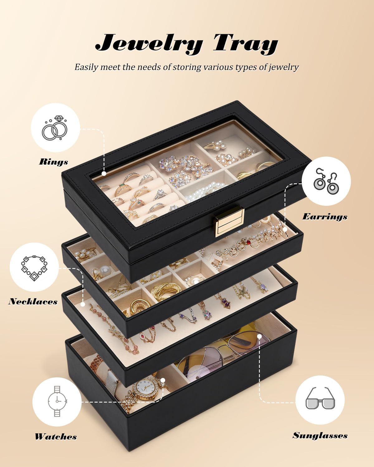 Homde Stackable Jewelry Organizer Box with Glass Lid & Removable Dividers - Black Jewelry Tray for Necklaces, Rings, Earrings | Vanity Table Storage Solution for Women & Girls | Perfect Gift for Birthdays, Mother's Day & Christmas