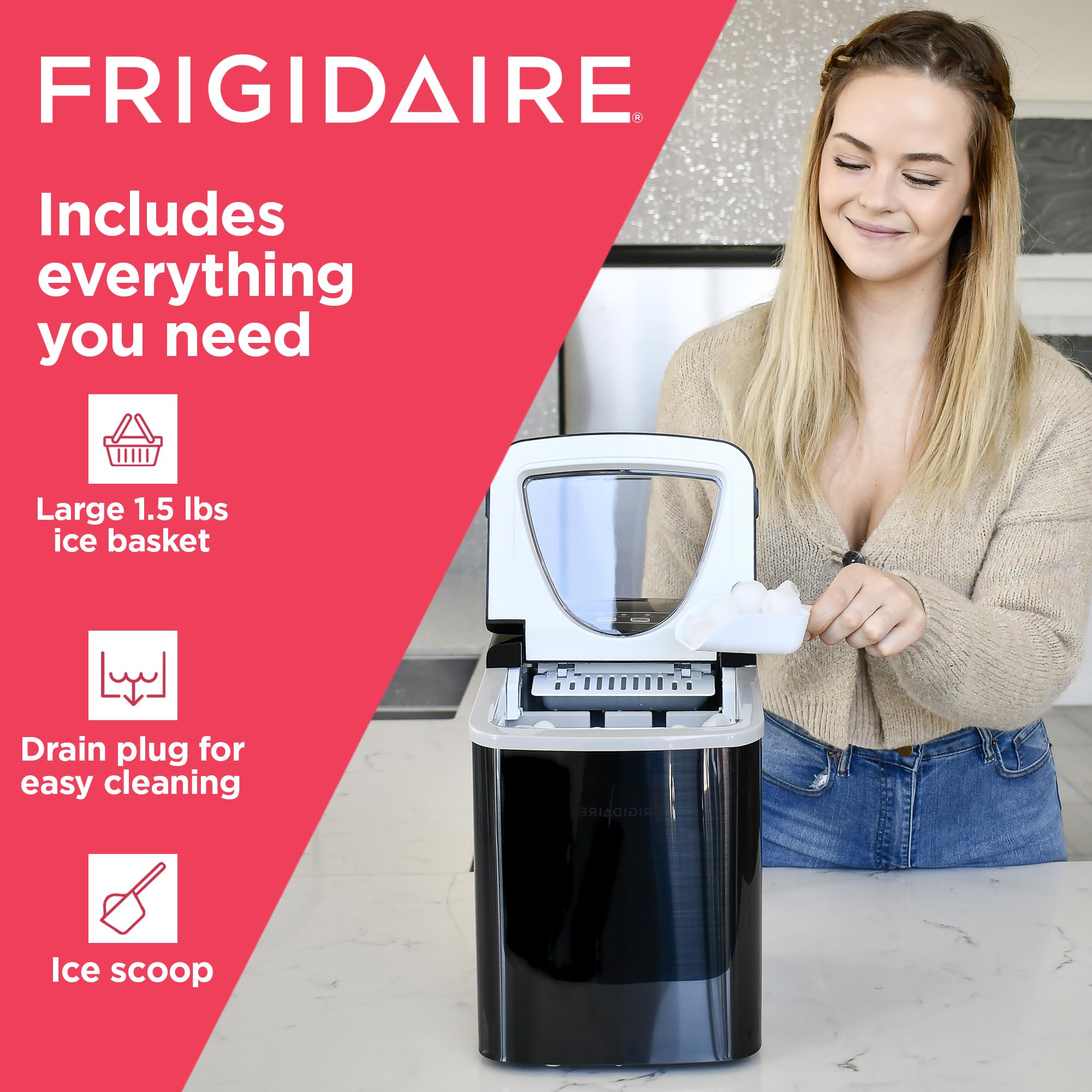 Frigidaire EFIC123-SSBLACK Compact Countertop Ice Maker - 26lbs Daily Output, Black Stainless Steel - Perfect for Home, Office, Parties & Outdoor Events