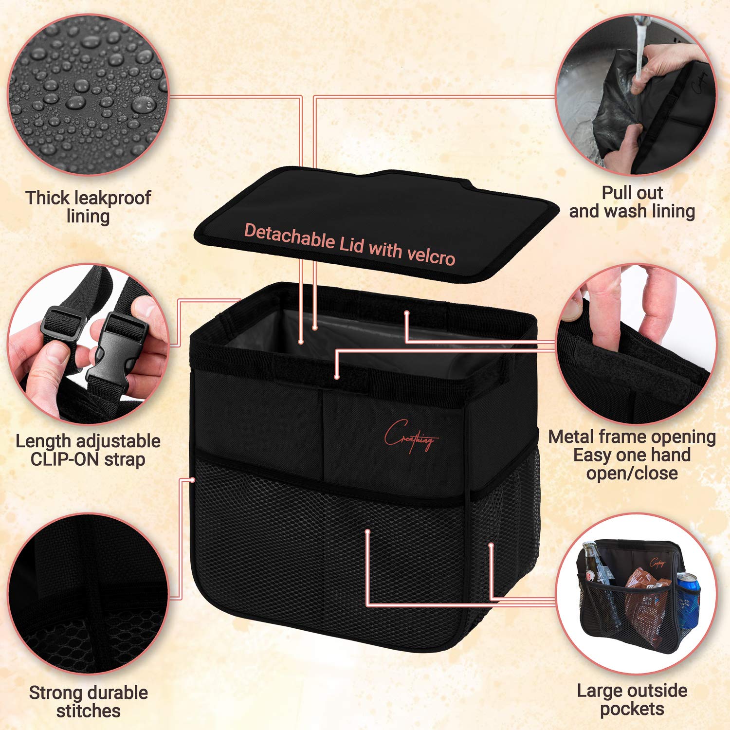 Foldable Waterproof Car Trash Can - 2 Gallon Organizer Bag for Console & Seat | Medium Black Auto Garbage Bin | Perfect for Road Trips, Commuting & Keeping Your Vehicle Clean