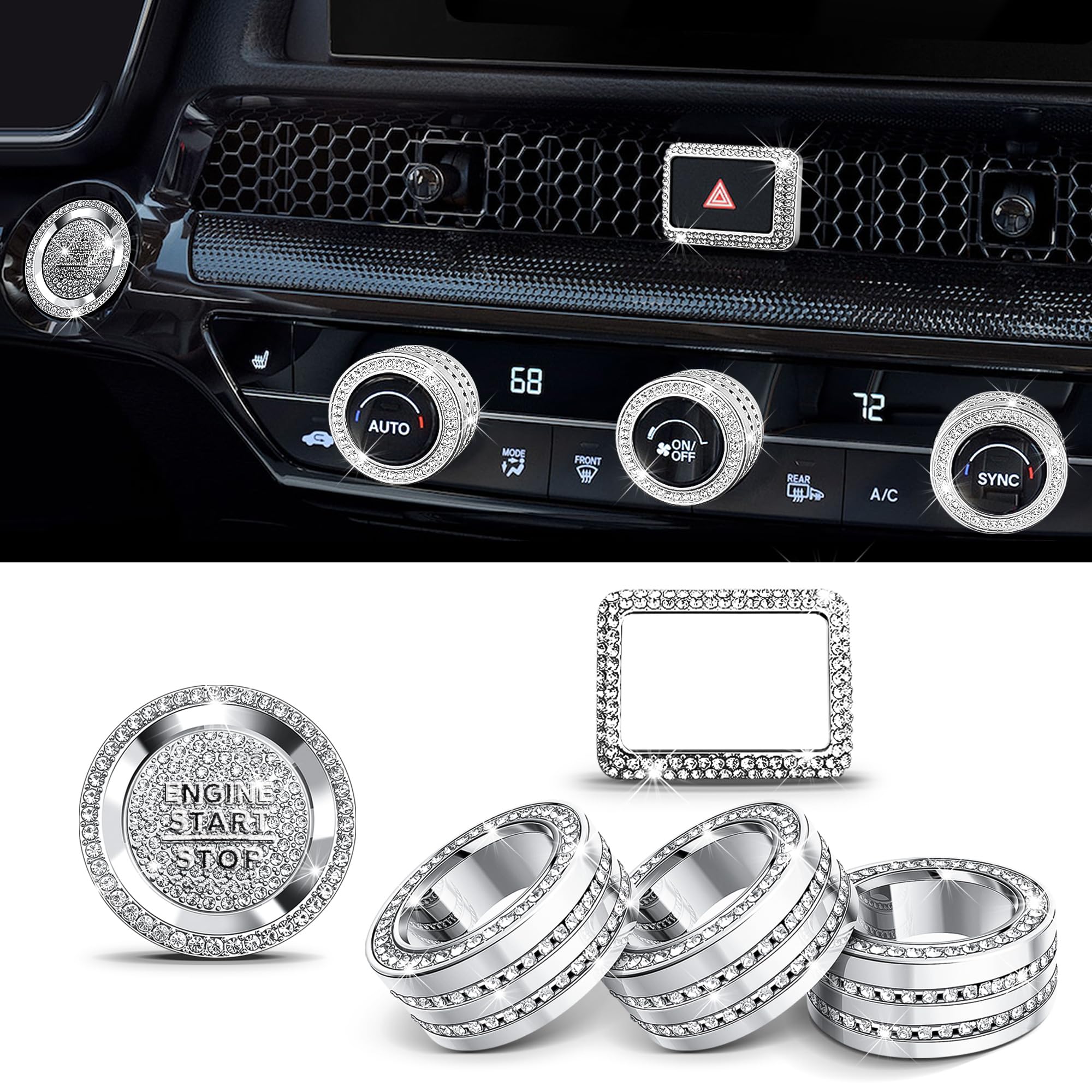 11th Gen Honda Accord HRV CRV Civic Air Conditioning Knob Cover & Hazard Warning Lights Button Cover Set (6pcs) - Bling Interior Accessories for 2022-2025 Models | Perfect for Car Customization & Protection