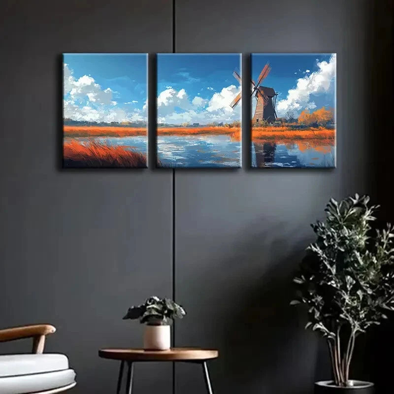 3-Piece Windmill on the Water Wall Art Set - Framed Canvas Prints 40x60cm - High Quality Australian Made Ready-to-Hang Decor for Living Room, Bedroom & Office
