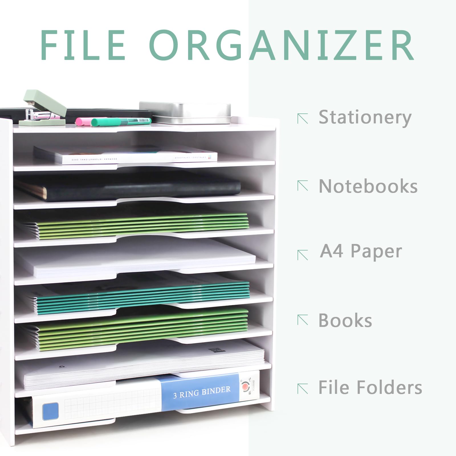 SONGWAY 9-Tier Desktop File Organizer - Wide Document Holder & Letter Mail Tray Storage Rack for Home, Office, School | Paper Sorter & Desktop Organizer (White) | Perfect for Bills, Mail, Office Supplies & School Papers Organization