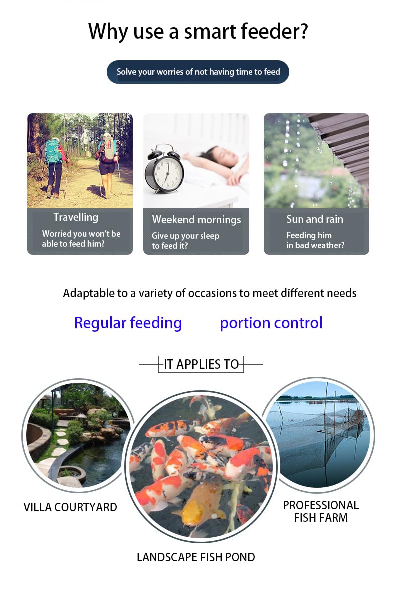 Automatic Fish Feeder for Outdoor Pond - 10L Battery Powered Koi Feeder with Timer - Perfect for Vacation & Summer Sun Protection - Ideal for Garden Ponds, Koi Ponds & Water Features