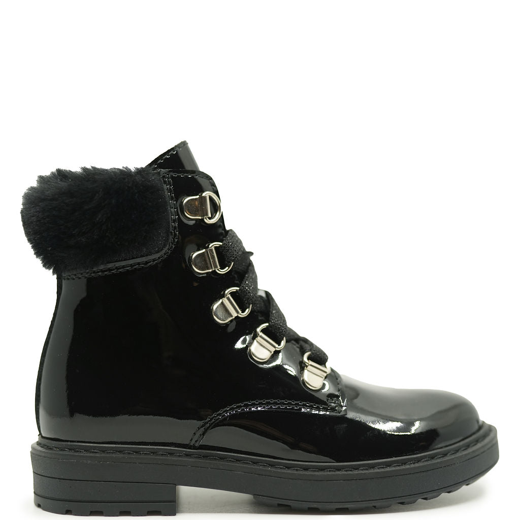 Beberlis Black Patent Leather Fur Cuff Ankle Boots - Stylish Winter Booties for Women, Perfect for Office, Party & Night Out