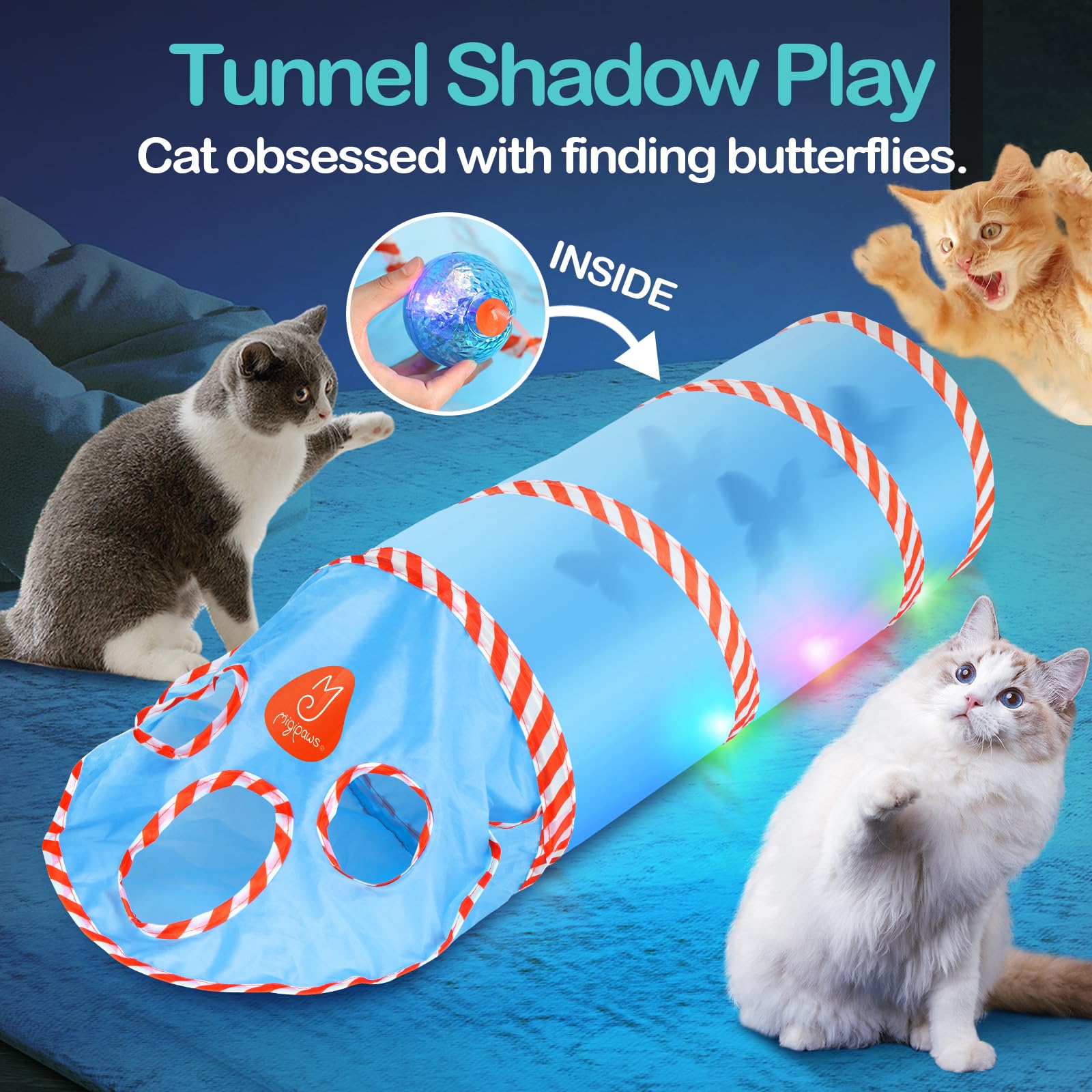 Migipaws Interactive Cat Toys - Upgraded 2.0 Rechargeable Butterfly Feather Projection Toy with Moving Shadows for Indoor Cats | Fun Play in Cat Tunnels & Cardboard Boxes | Stimulates Exercise & Reduces Boredom
