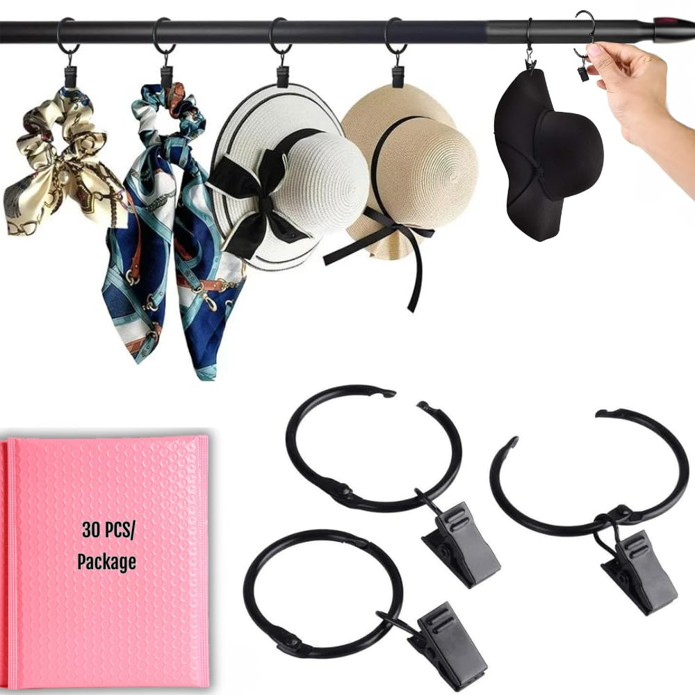 Stainless Steel Openable Circle Hooks - 30 Pack Curtain Clips for Hanging Party Lights, Gutter Decor, Photo Display, Camping Tents - 1.5 Inch Black Hooks for Home, Garden, and Craft Decorations