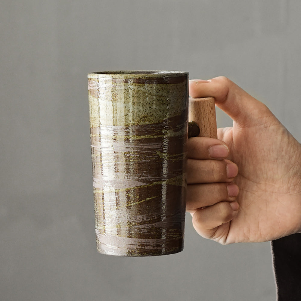 Vintage Japanese Ceramic Mug with Wooden Handle - Handcrafted Tea & Coffee Cup for Home, Office, and Gifts