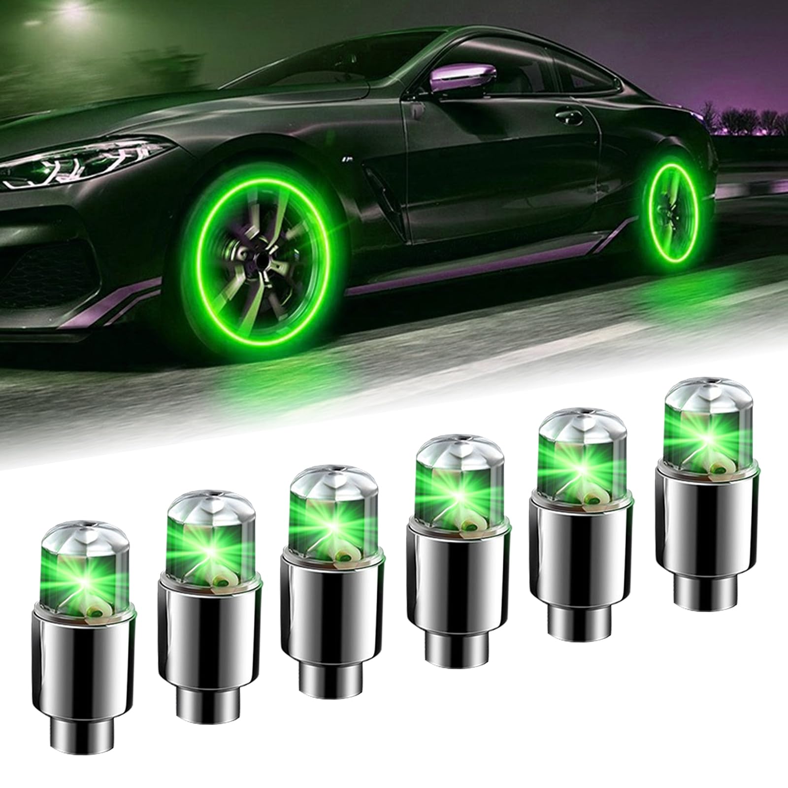 6 PCS Waterproof PVC Car Tire Lights - Universal LED Flash Light Bulb Replacement for Car, Truck, SUV, Motorcycle & Bike - Durable Metal Vehicle Tire Decoration Accessories (Green) - Perfect for Night Rides, Car Shows & Custom Vehicle Lighting