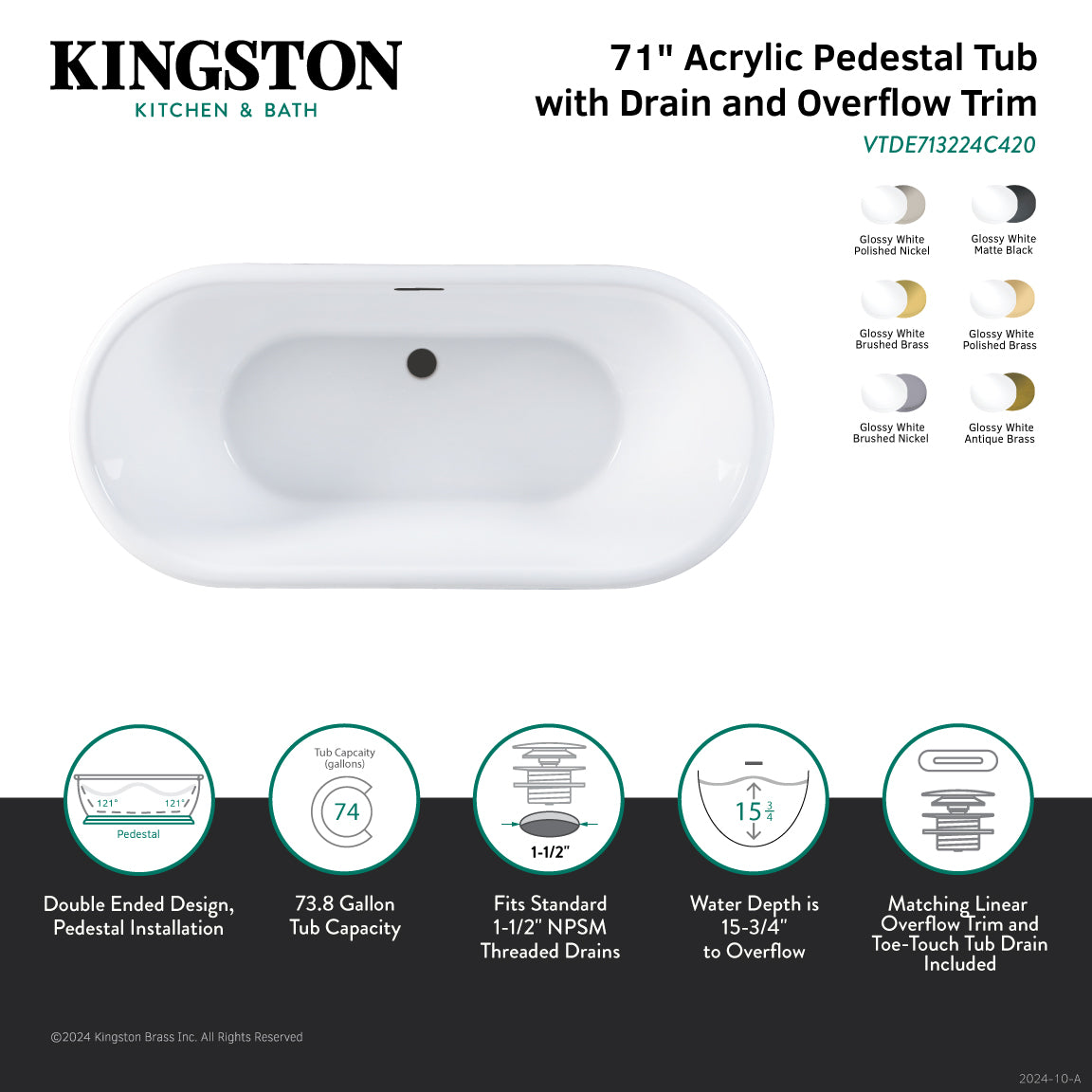 Aqua Eden 71 Inch Acrylic Oval Double-Ended Freestanding Bathtub - Glossy White with Polished Brass Pedestal - No-Faucet Design for Modern Bathrooms | Spa-Like Soaking Experience at Home