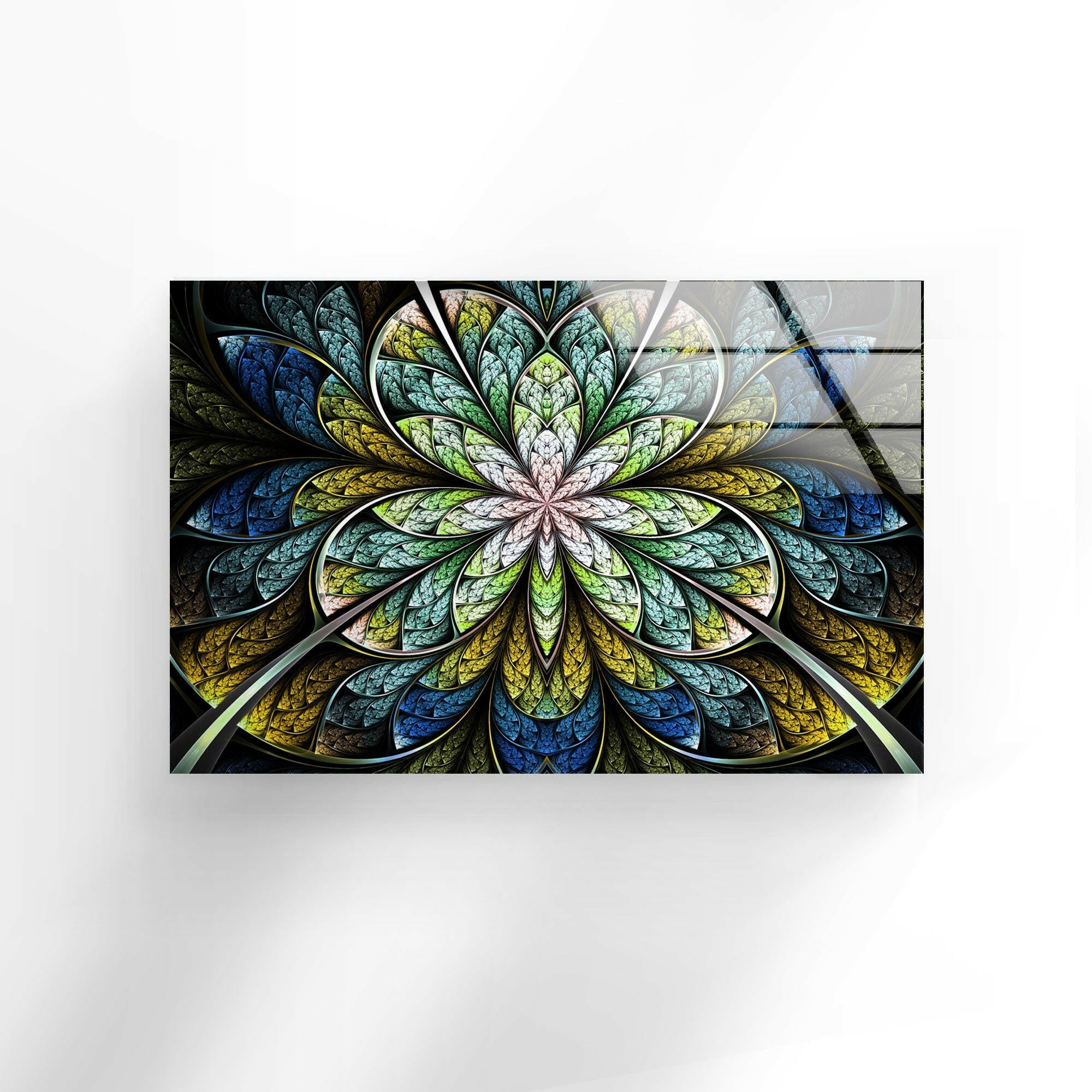 Blue Fractal Flower Glass Wall Art - Handmade Modern Home Decor for Living Room, Bedroom & Office - Elegant Glass Mosaic Wall Hanging for Unique Interior Design