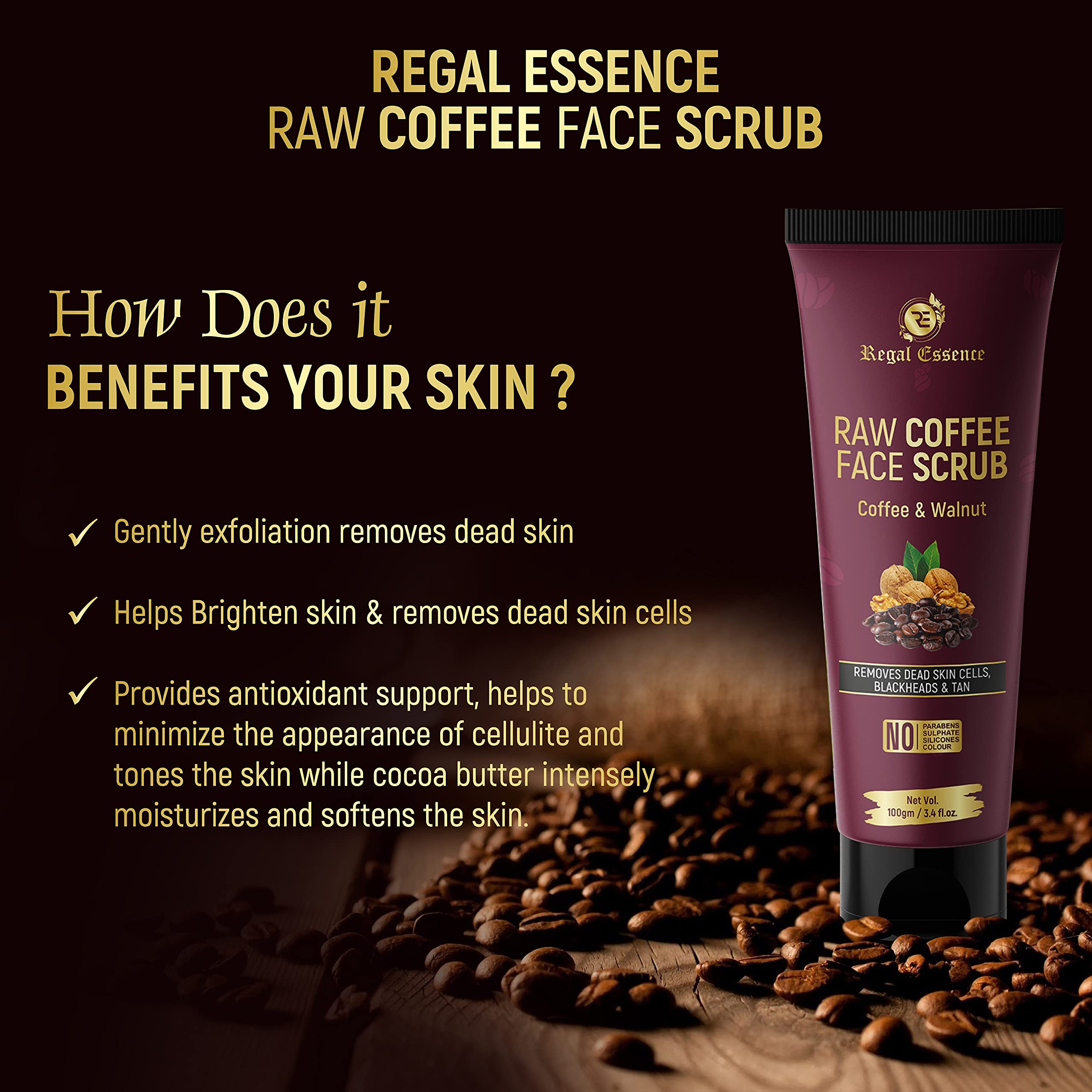 Regal Essence Exfoliating Coffee Face & Body Scrub for Women & Men - Natural Walnut & Vitamin E Polish for Dead Skin, Blackheads & Whiteheads Removal - Detan & Brighten for Glowing Skin - 100g (Pack of 1) | Perfect for Daily Skincare Routine & Spa Treatment at Home