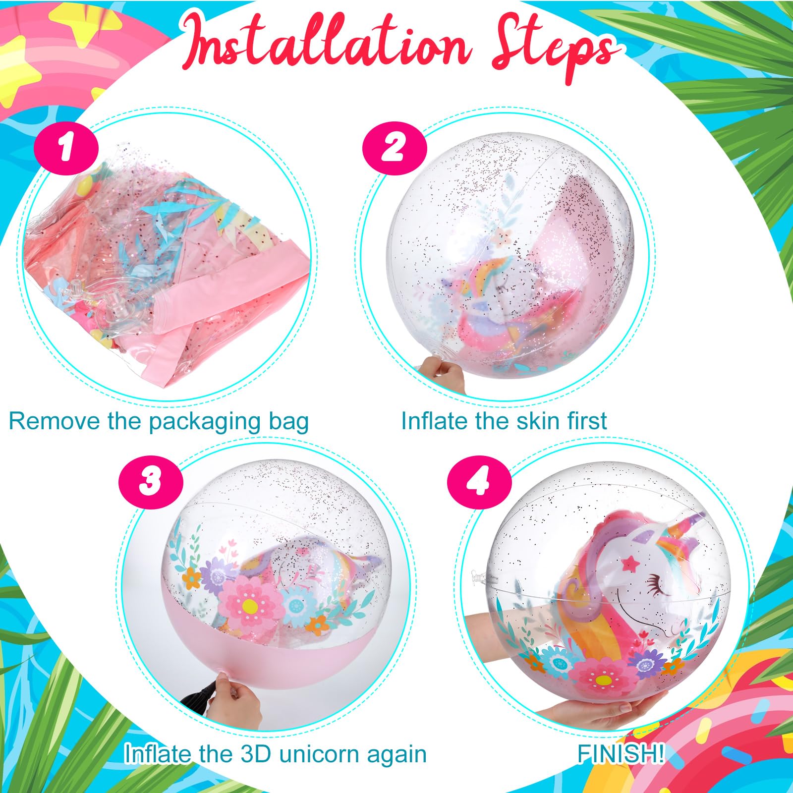 **6-Pack 12-Inch 3D Unicorn Glitter Inflatable Beach Balls – Clear Swimming Pool Toys for Kids, Summer Birthday Party Supplies, Indoor & Outdoor Water Games – Perfect for Beach, Pool, Backyard Fun**